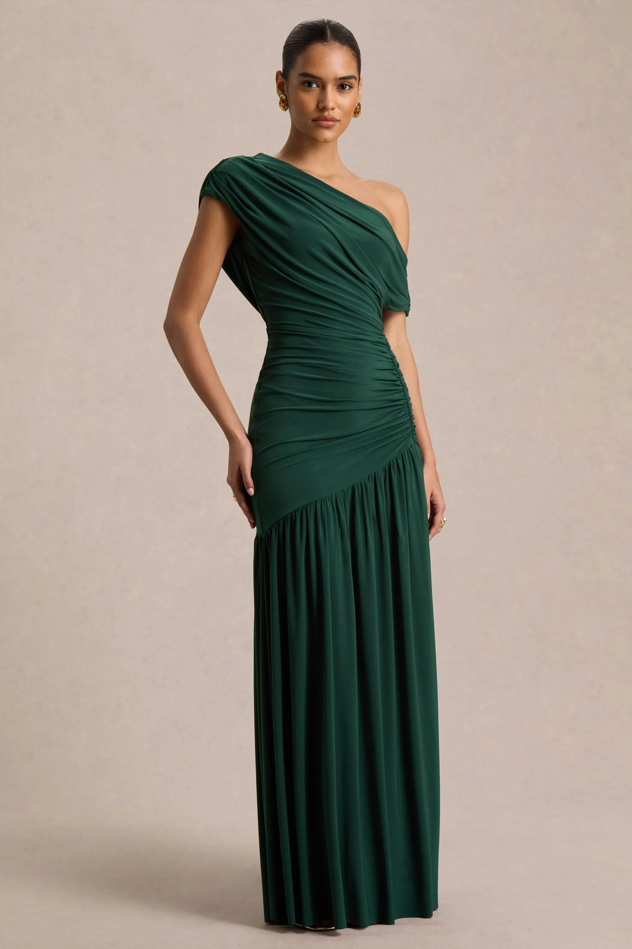 Kady | Dark Green Asymmetric-Neck Maxi Dress With Ruched Detailing and Front-High Split sold by Club L London product image thumbnail 3