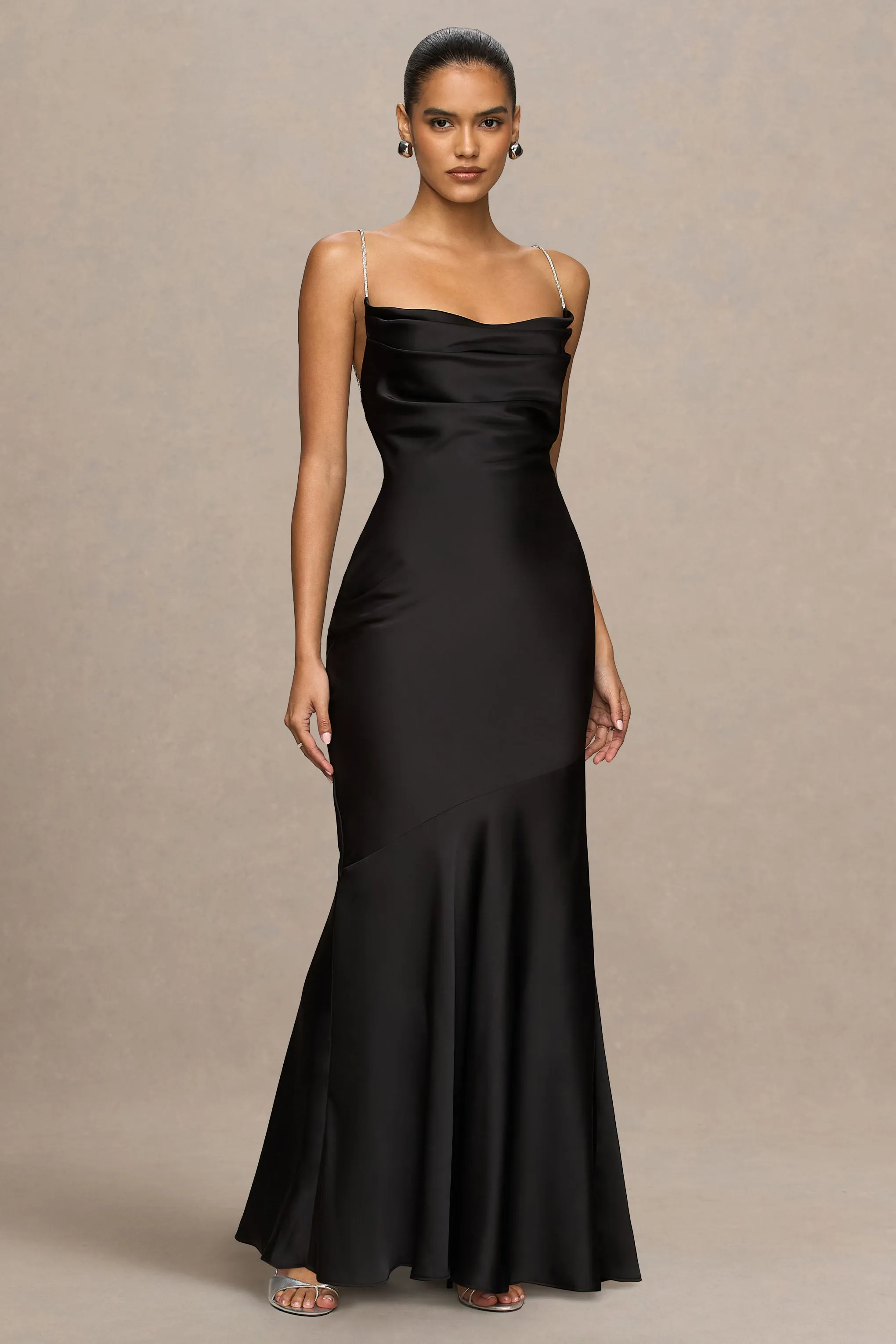 Maelia | Black Satin Cowl-Neck Maxi Dress With Diamante Straps sold by Club L London product image thumbnail 5