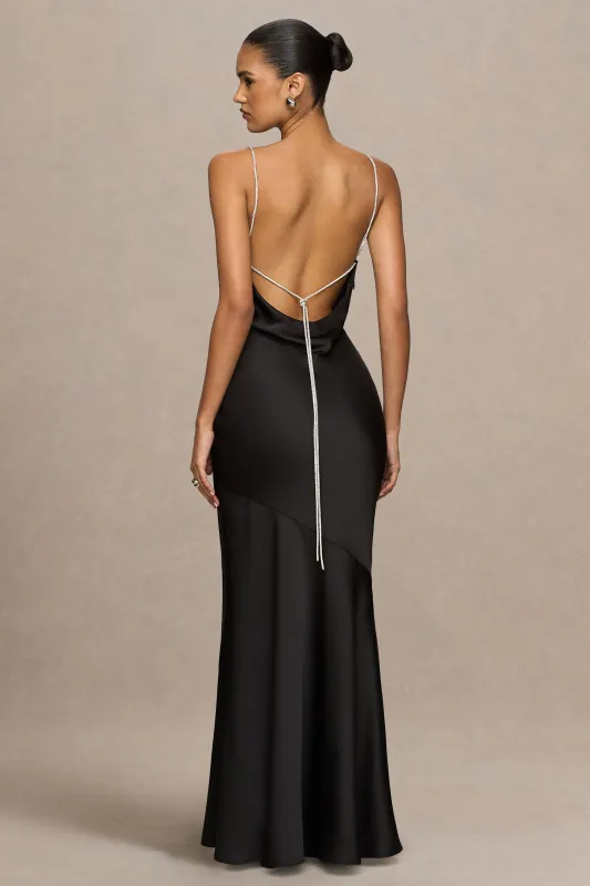 Maelia | Black Satin Cowl-Neck Maxi Dress With Diamante Straps sold by Club L London