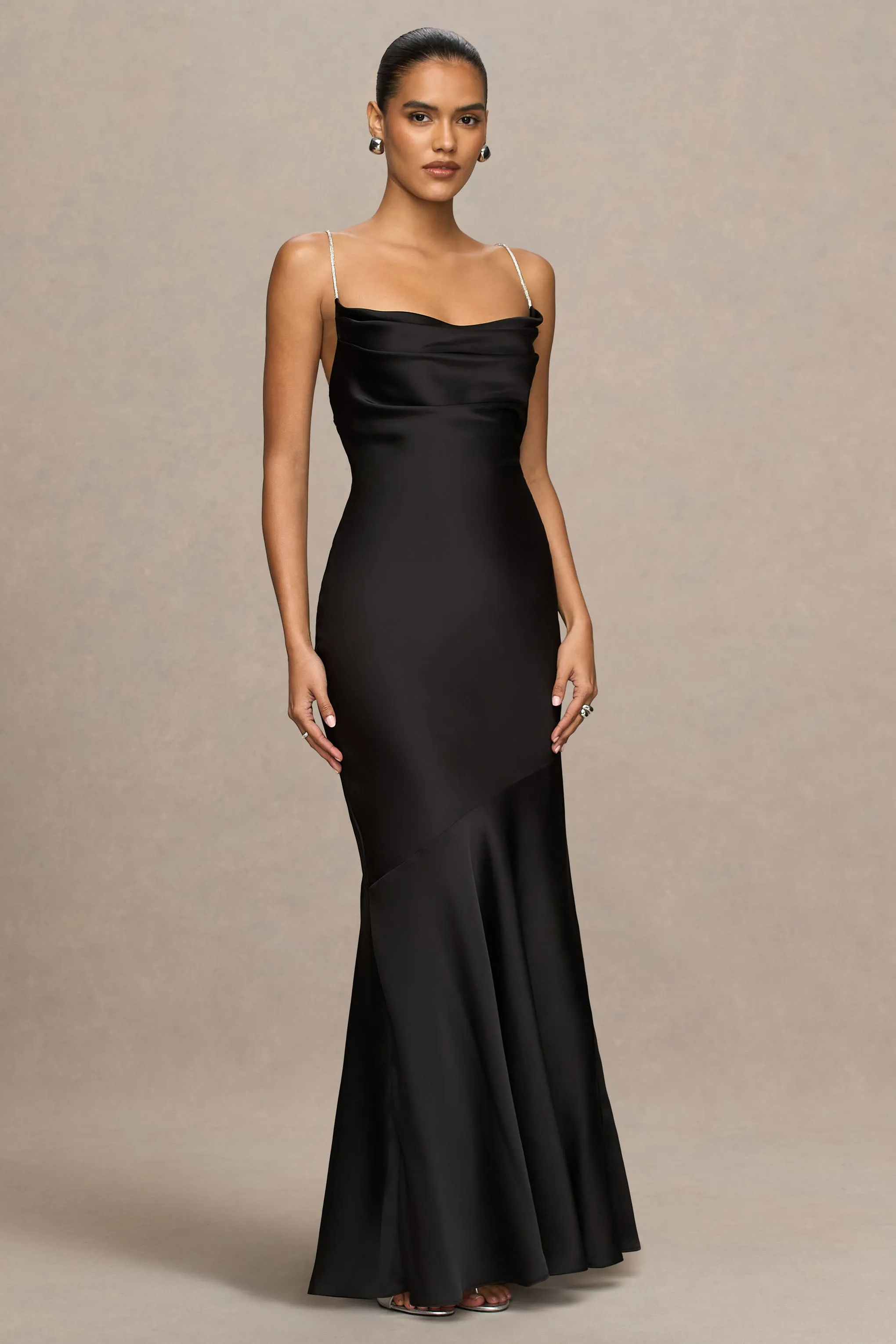 Maelia | Black Satin Cowl-Neck Maxi Dress With Diamante Straps sold by Club L London product image thumbnail 4