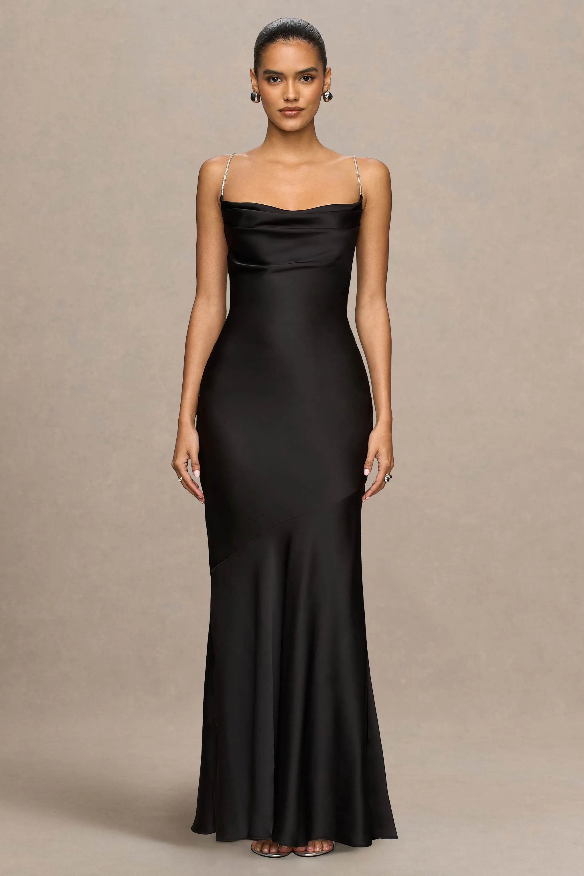 Maelia | Black Satin Cowl-Neck Maxi Dress With Diamante Straps sold by Club L London product image thumbnail 2