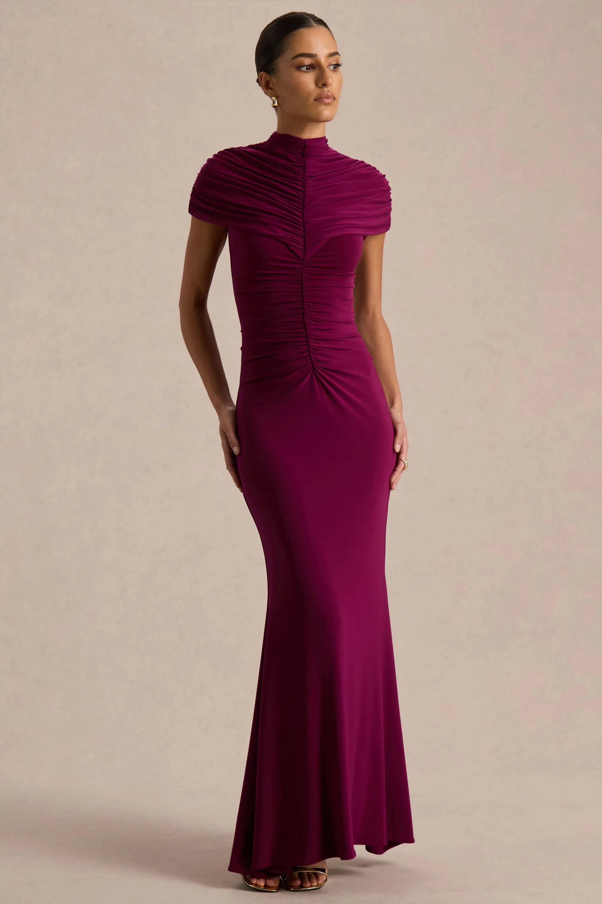 Azaria | Burgundy High-Neck Maxi Dress With Ruched Detailing sold by Club L London product image thumbnail 5