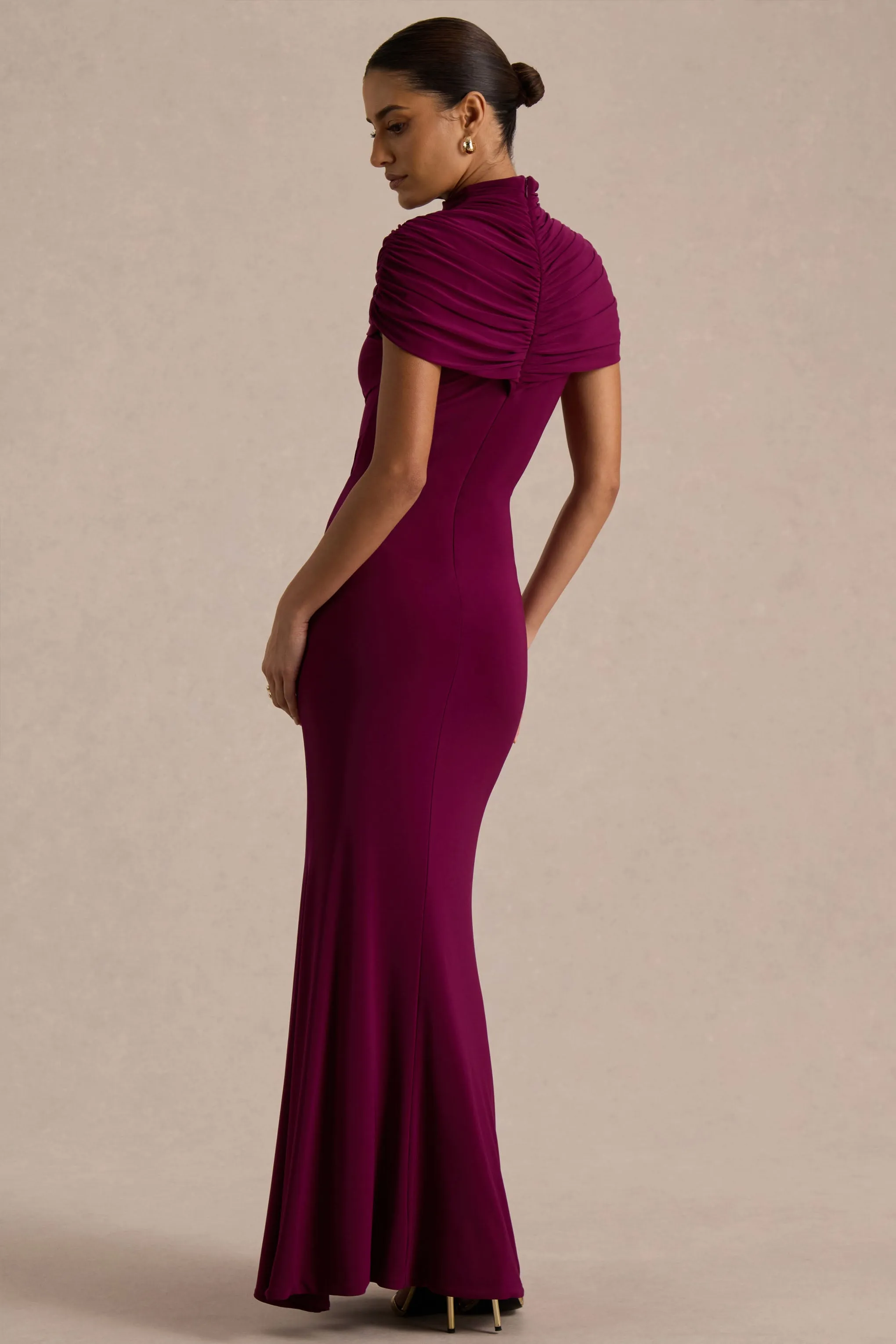 Azaria | Burgundy High-Neck Maxi Dress With Ruched Detailing sold by Club L London product image thumbnail 2
