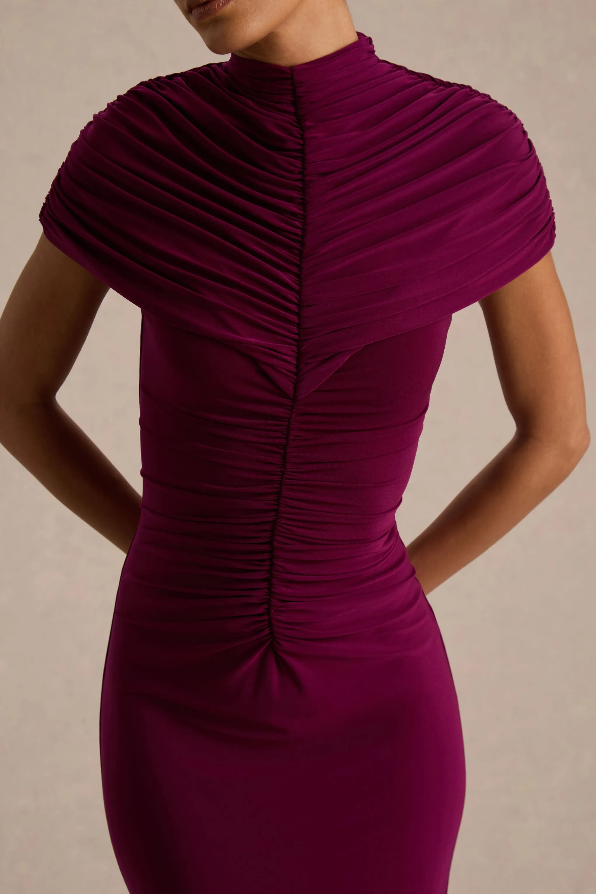 Azaria | Burgundy High-Neck Maxi Dress With Ruched Detailing sold by Club L London product image thumbnail 3
