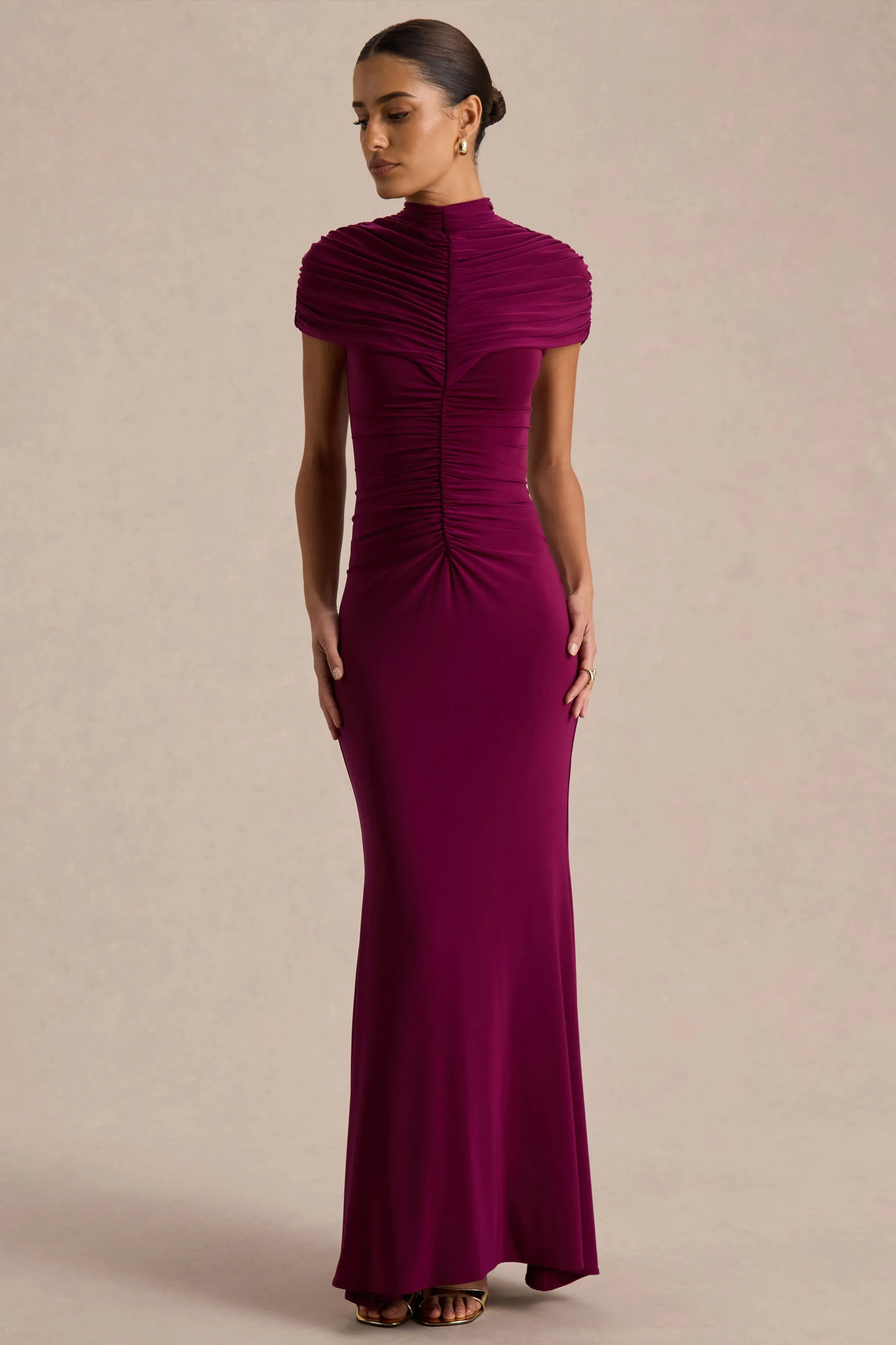 Azaria | Burgundy High-Neck Maxi Dress With Ruched Detailing sold by Club L London product image thumbnail 4