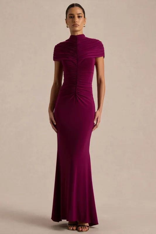 Azaria | Burgundy High-Neck Maxi Dress With Ruched Detailing sold by Club L London
