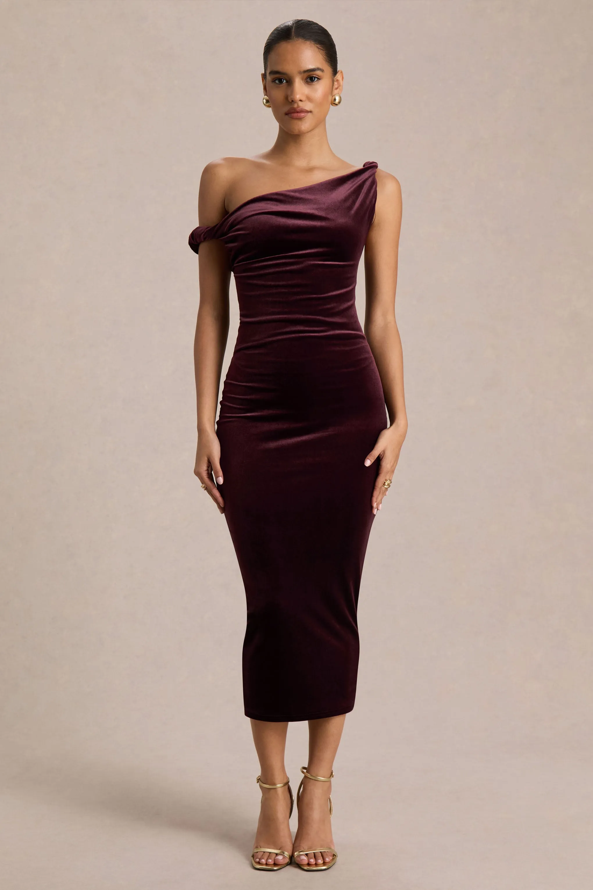 Carella | Burgundy Velvet Twisted Asymmetric Midi Dress sold by Club L London product image thumbnail 3