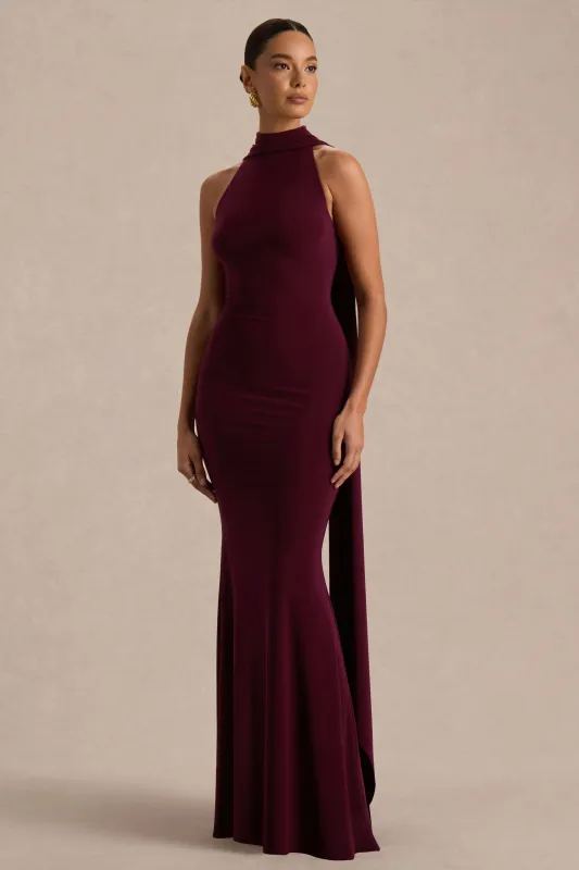Cordy | Burgundy High-Neck Maxi Dress With Scarf-Detail sold by Club L London