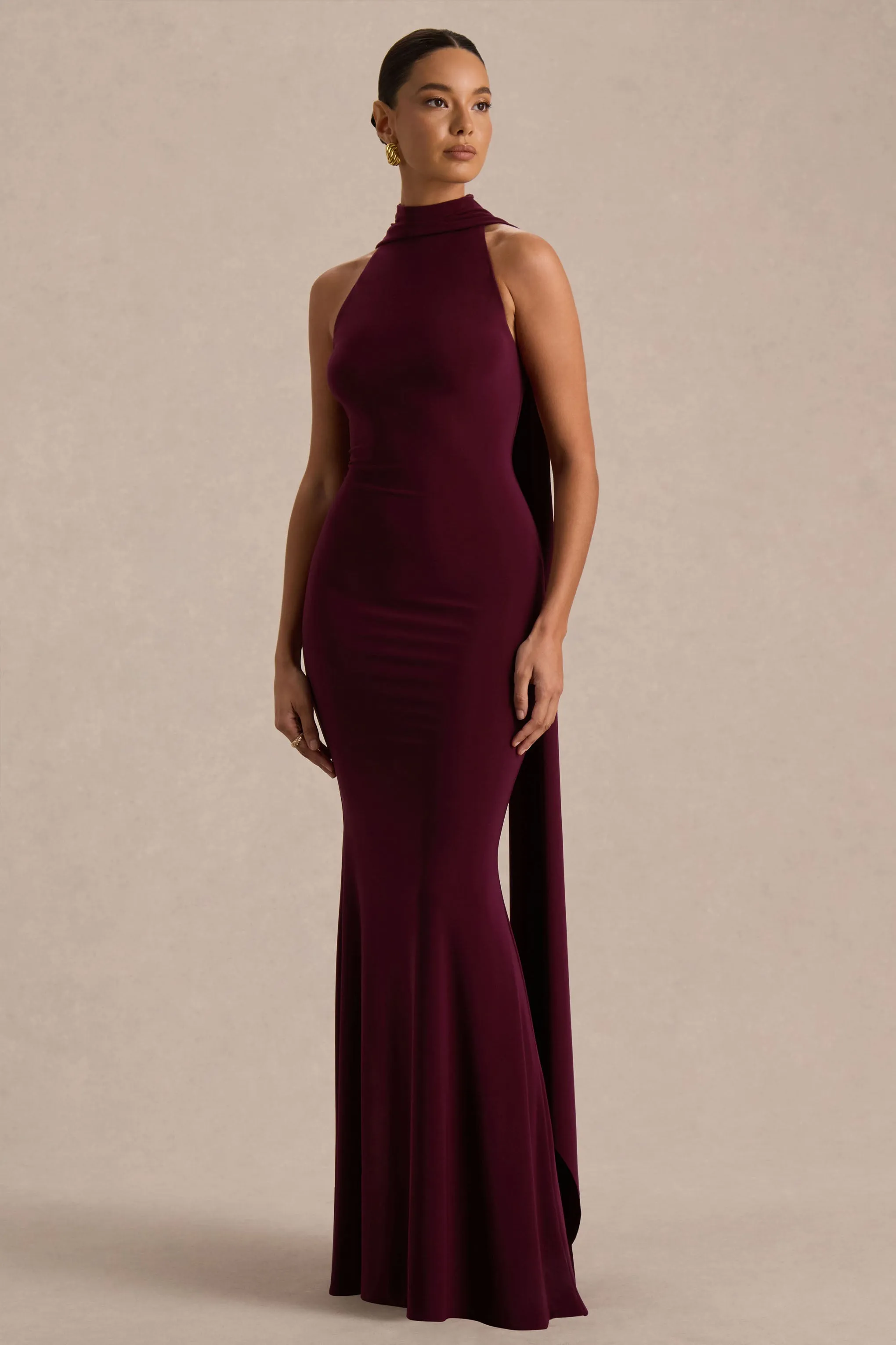 Cordy | Burgundy High-Neck Maxi Dress With Scarf-Detail sold by Club L London