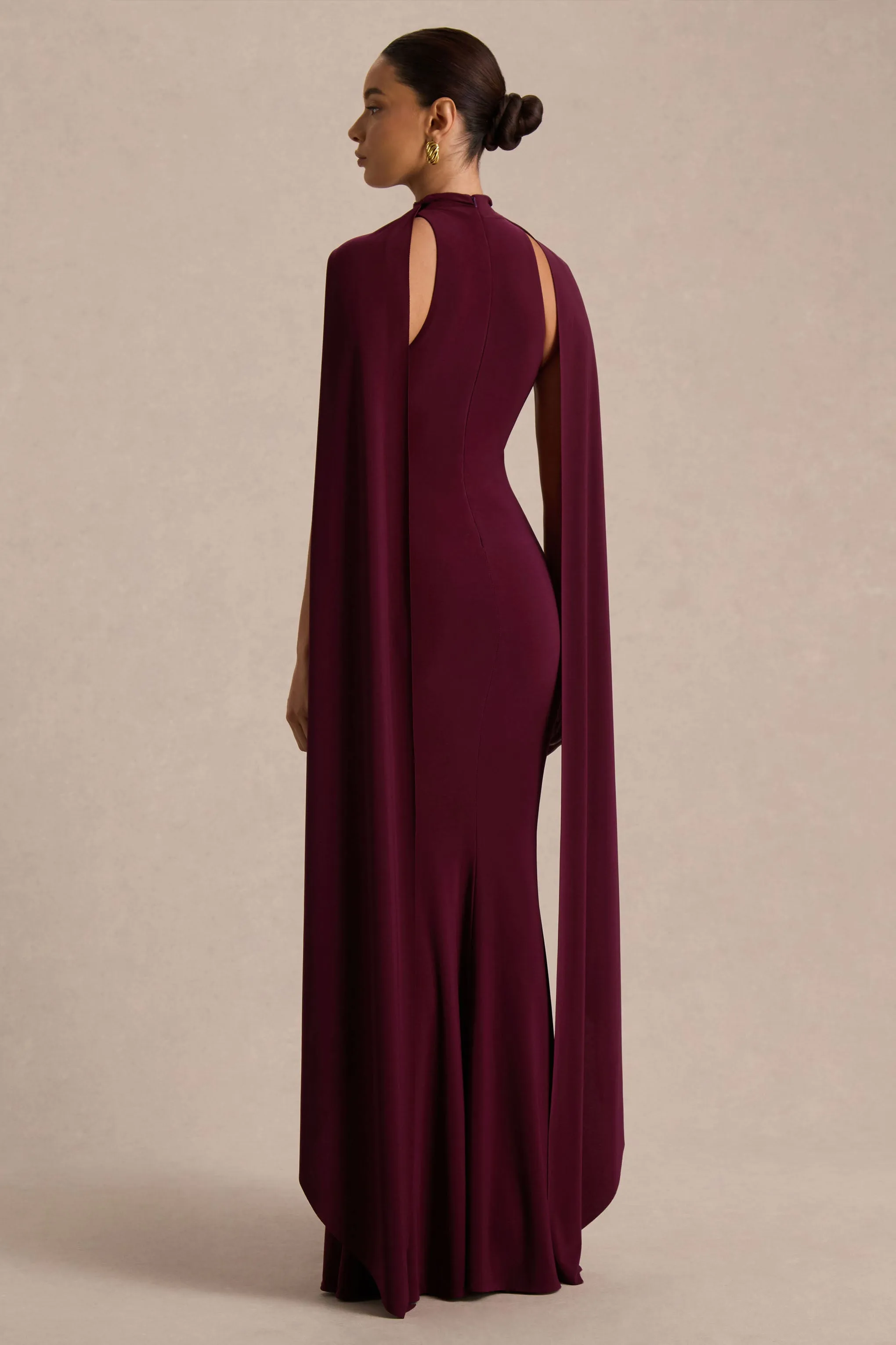 Cordy | Burgundy High-Neck Maxi Dress With Scarf-Detail sold by Club L London product image thumbnail 2