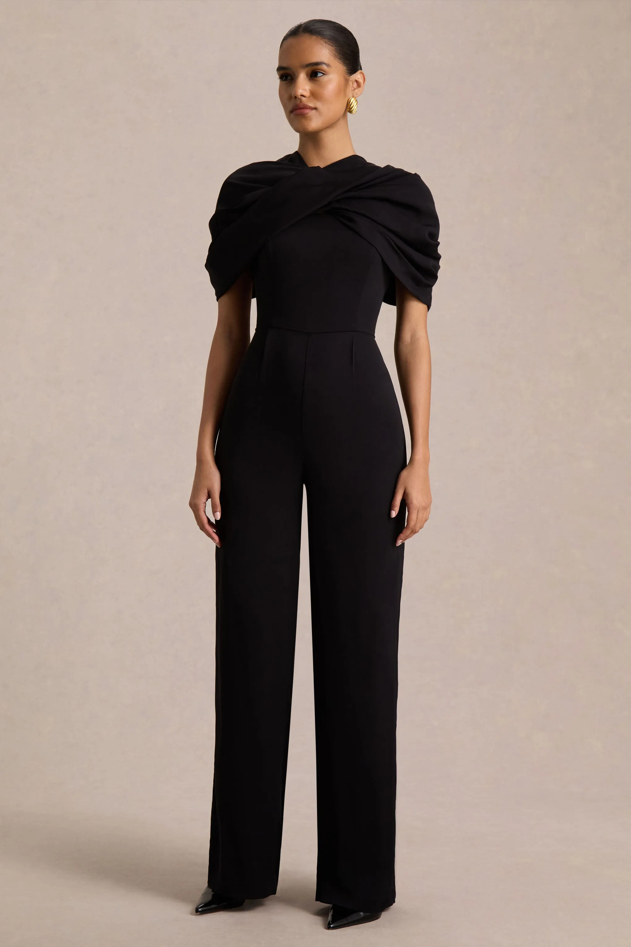 Raquel | Black Asymmetric-Neck Jumpsuit With Twisted Cape Detail sold by Club L London product image thumbnail 4