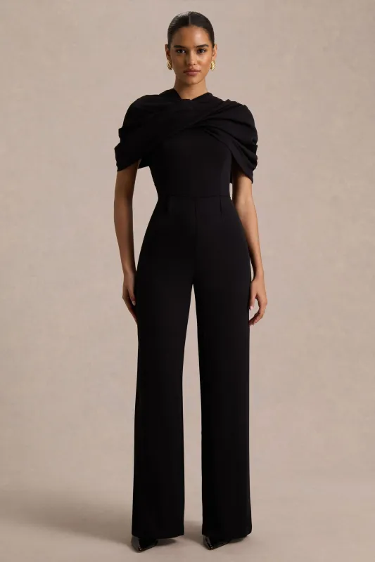 Raquel | Black Asymmetric-Neck Jumpsuit With Twisted Cape Detail sold by Club L London