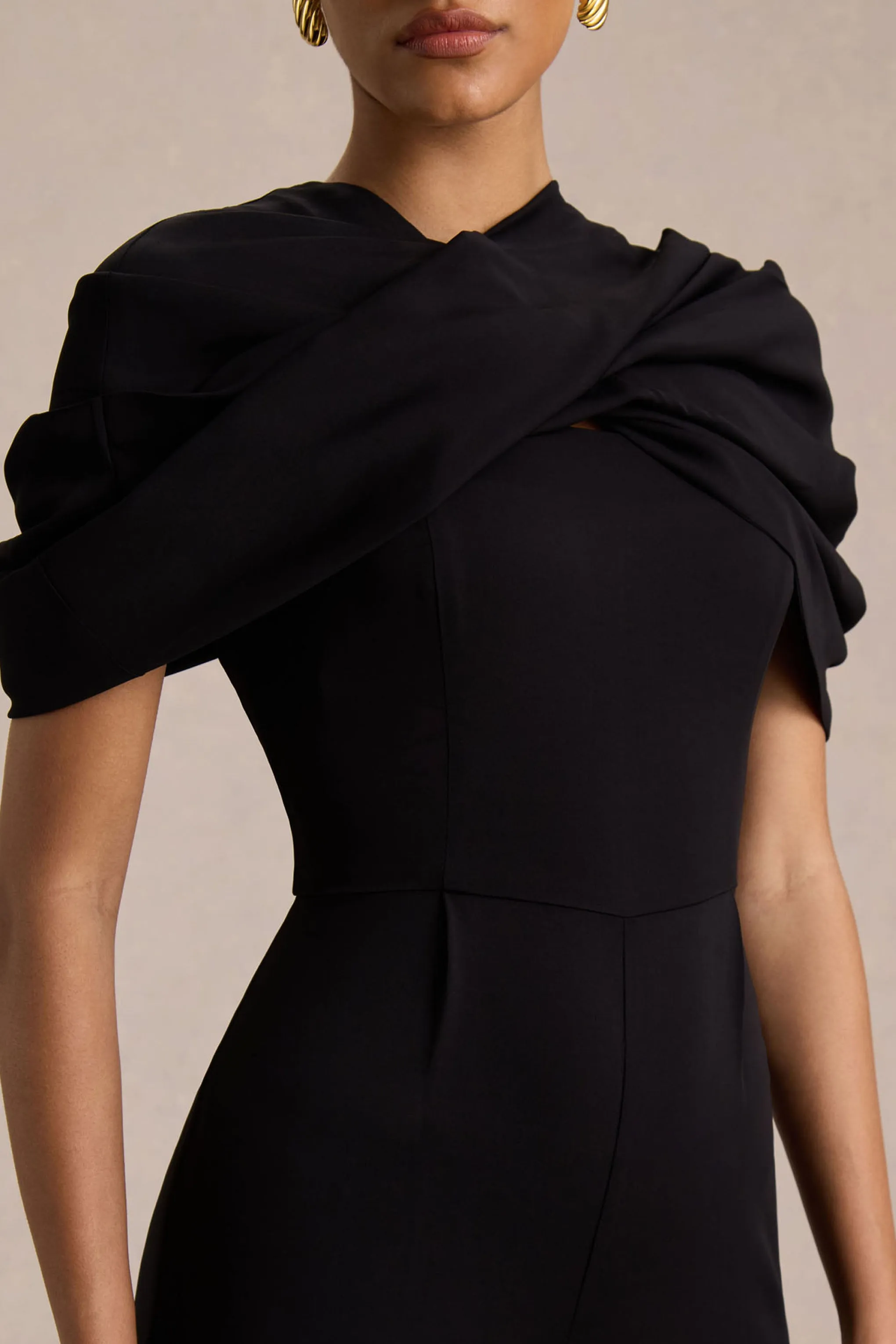 Raquel | Black Asymmetric-Neck Jumpsuit With Twisted Cape Detail sold by Club L London product image thumbnail 5