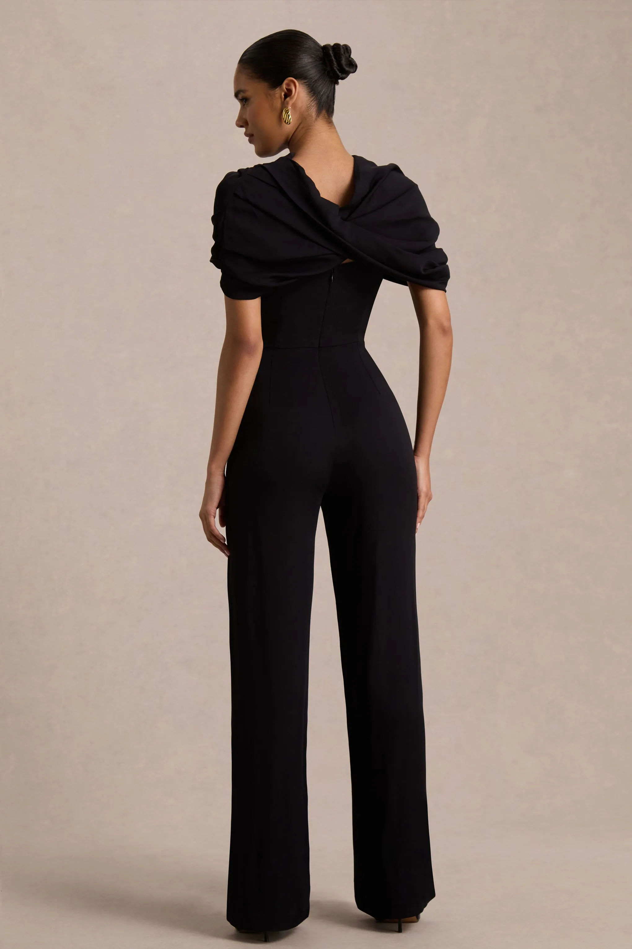 Raquel | Black Asymmetric-Neck Jumpsuit With Twisted Cape Detail sold by Club L London product image thumbnail 2