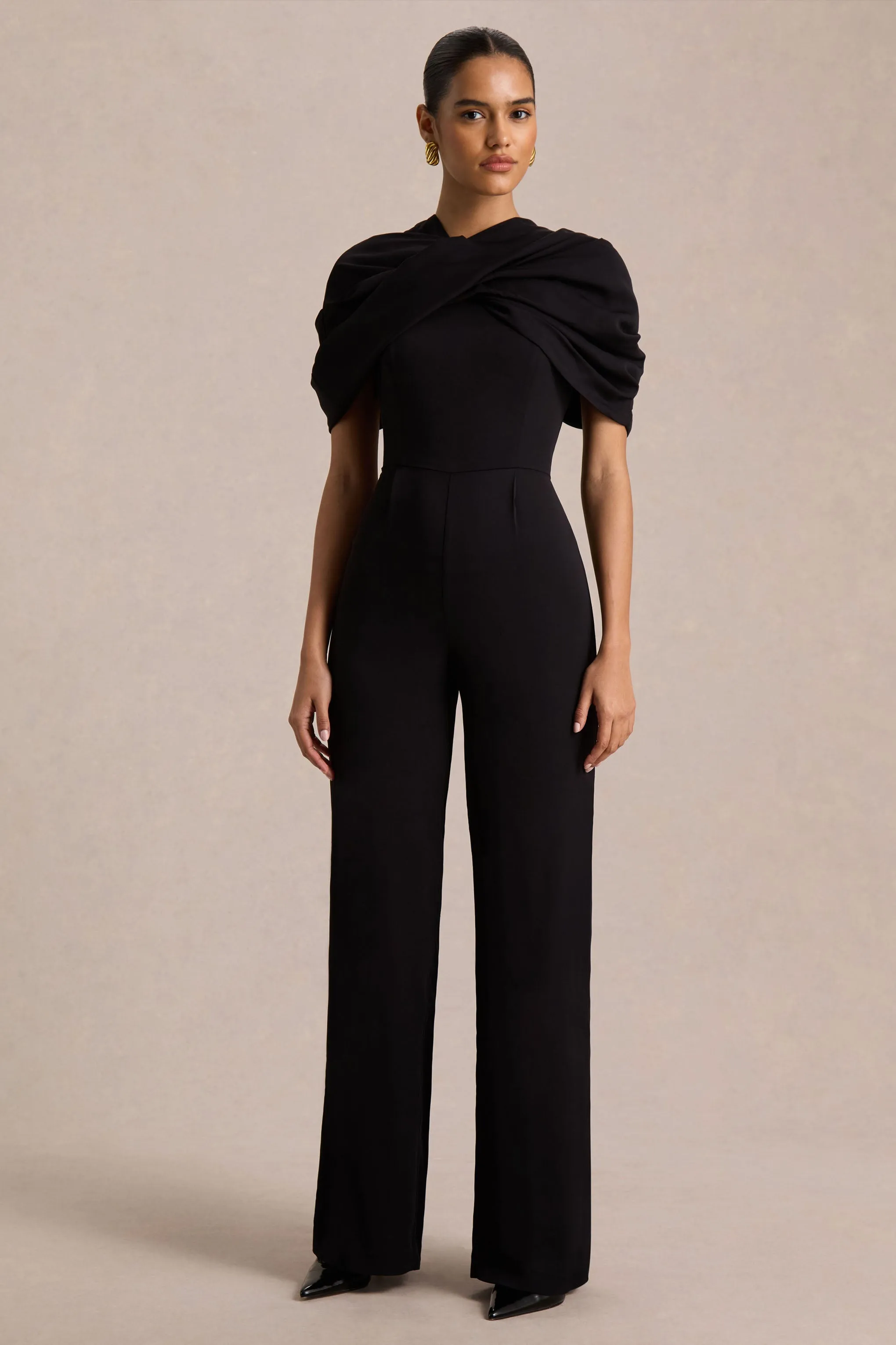 Raquel | Black Asymmetric-Neck Jumpsuit With Twisted Cape Detail sold by Club L London product image thumbnail 3