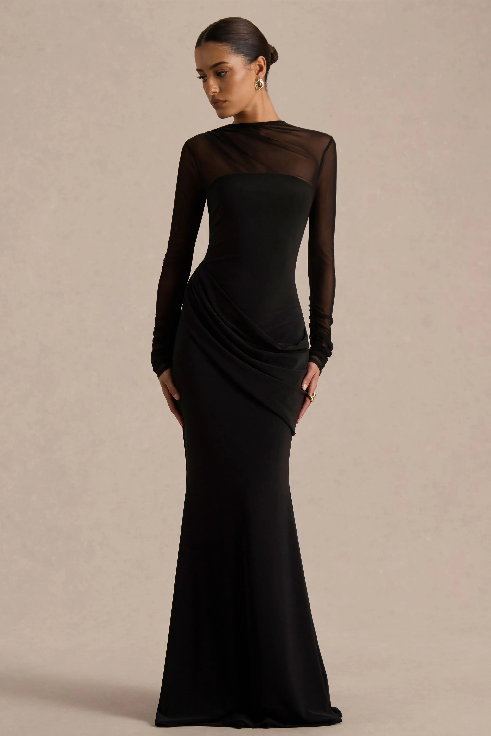 Deema | Black Jersey And Mesh High Neck Maxi Dress sold by Club L London product image thumbnail 4