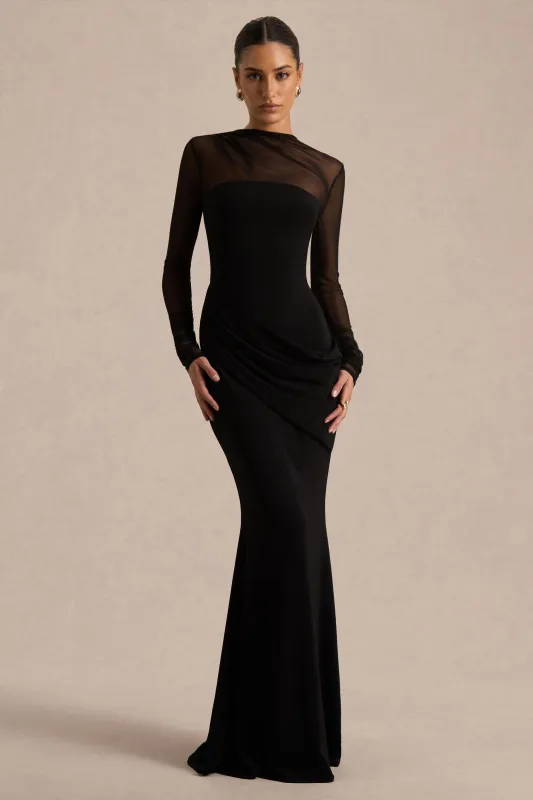 Deema | Black Jersey And Mesh High Neck Maxi Dress sold by Club L London