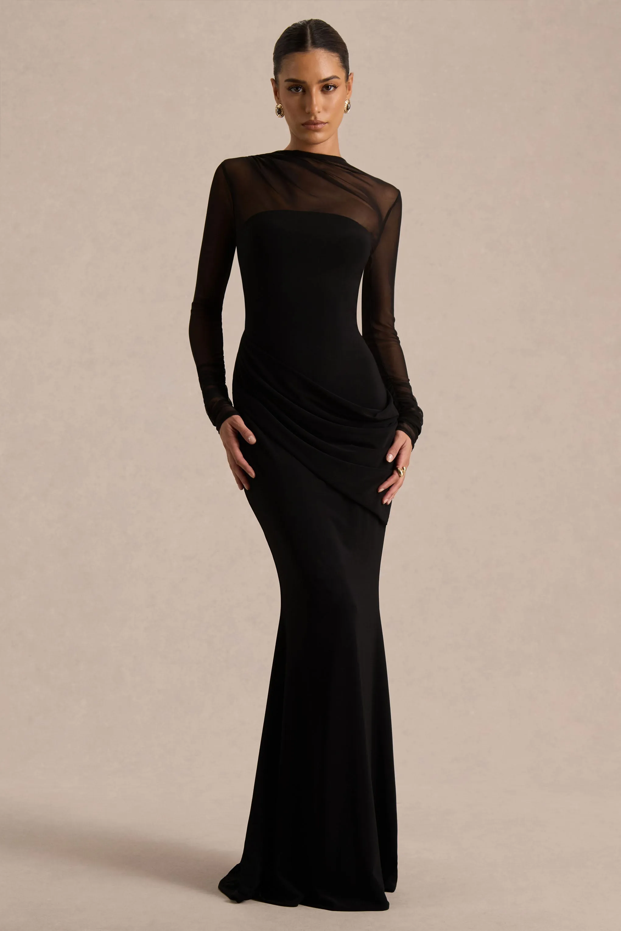 Deema | Black Jersey And Mesh High Neck Maxi Dress sold by Club L London
