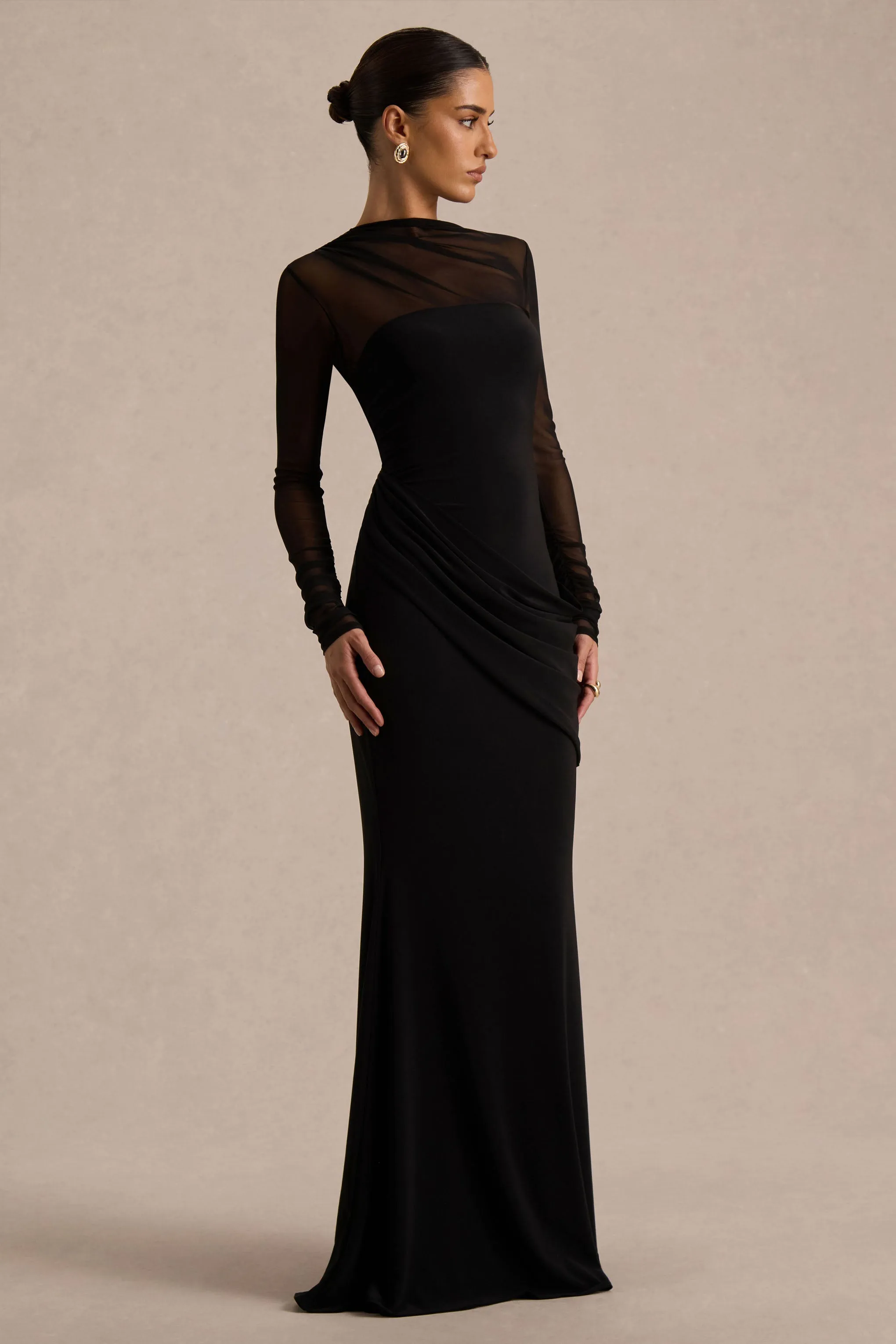 Deema | Black Jersey And Mesh High Neck Maxi Dress sold by Club L London product image thumbnail 5