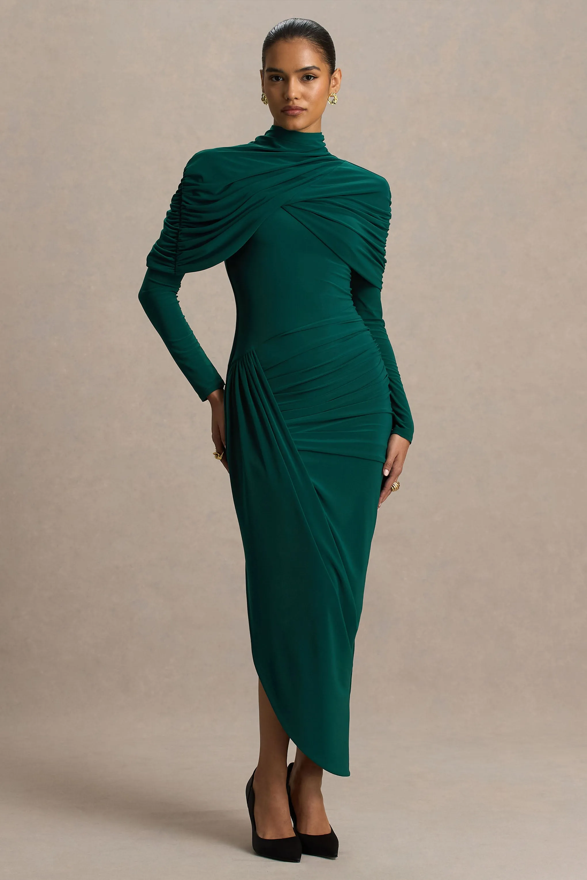 Aneira | Bottle Green High-Neck Maxi Dress With Cape Sleeves sold by Club L London product image thumbnail 4