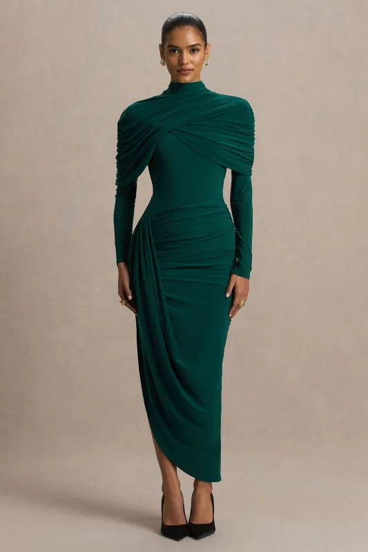 Aneira | Bottle Green High-Neck Maxi Dress With Cape Sleeves sold by Club L London