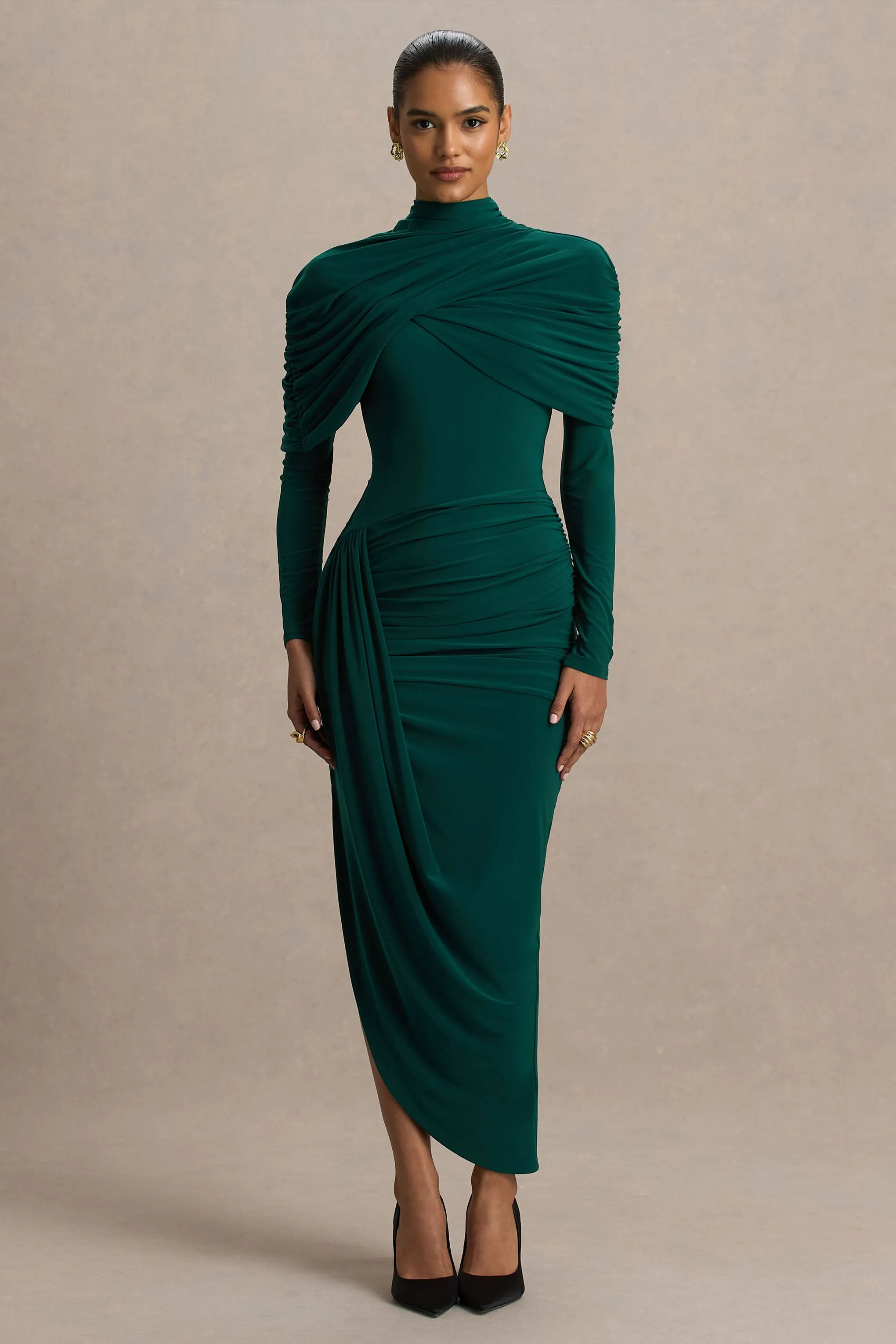 Aneira | Bottle Green High-Neck Maxi Dress With Cape Sleeves sold by Club L London