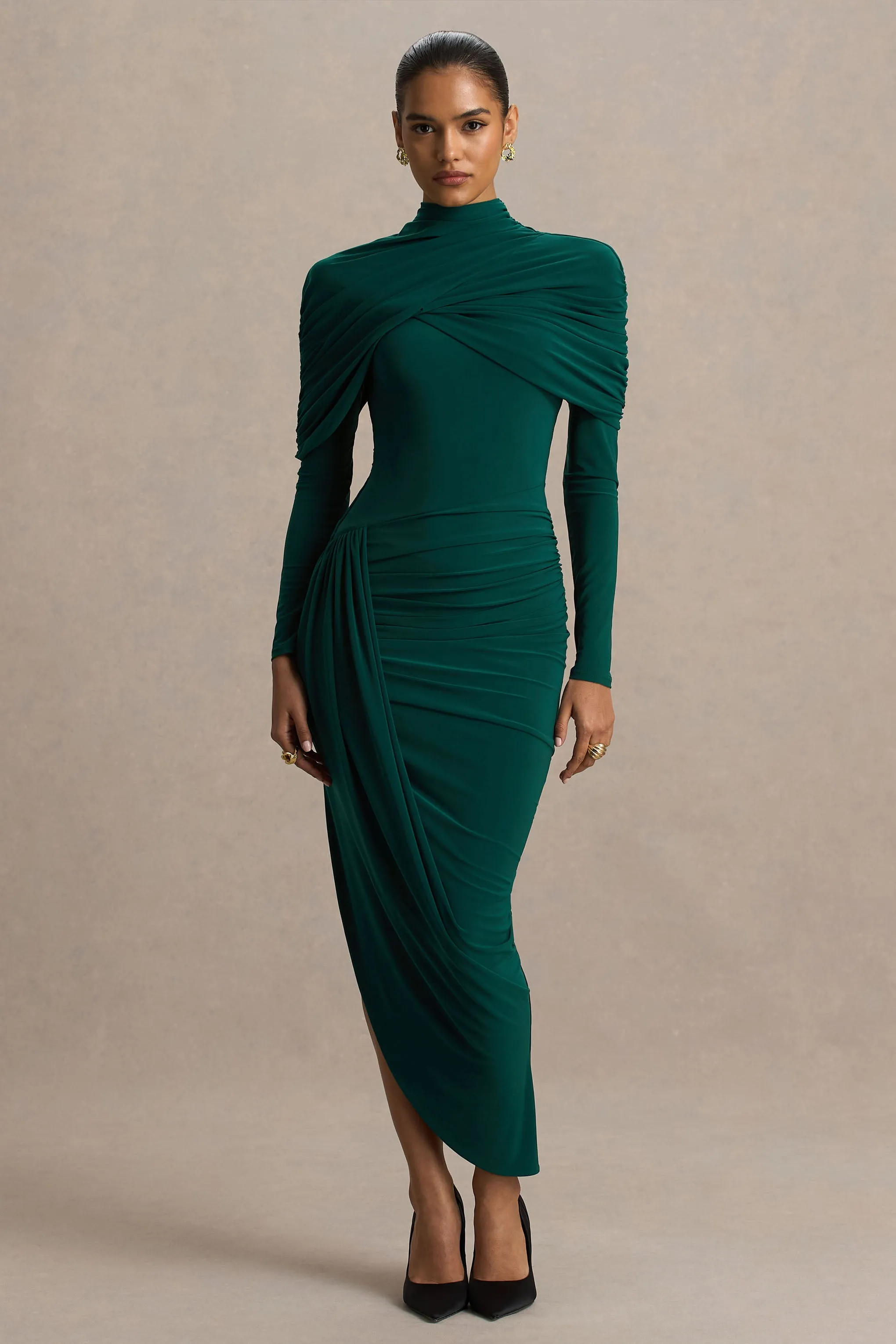 Aneira | Bottle Green High-Neck Maxi Dress With Cape Sleeves sold by Club L London product image thumbnail 5