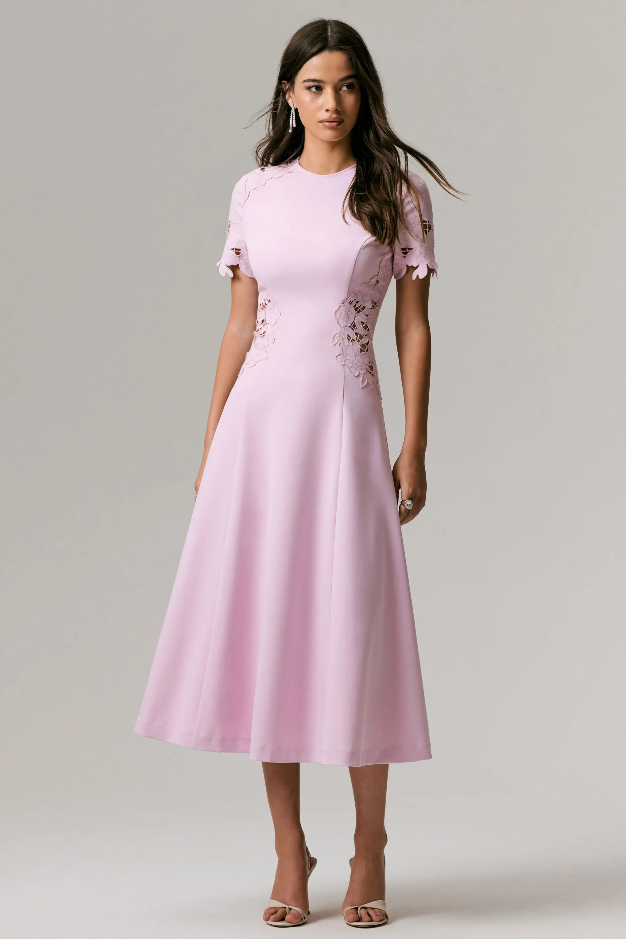 So Sweet | Pink Crew-Neck Midi Dress With Cut-Out Embroidered Detailing sold by Club L London