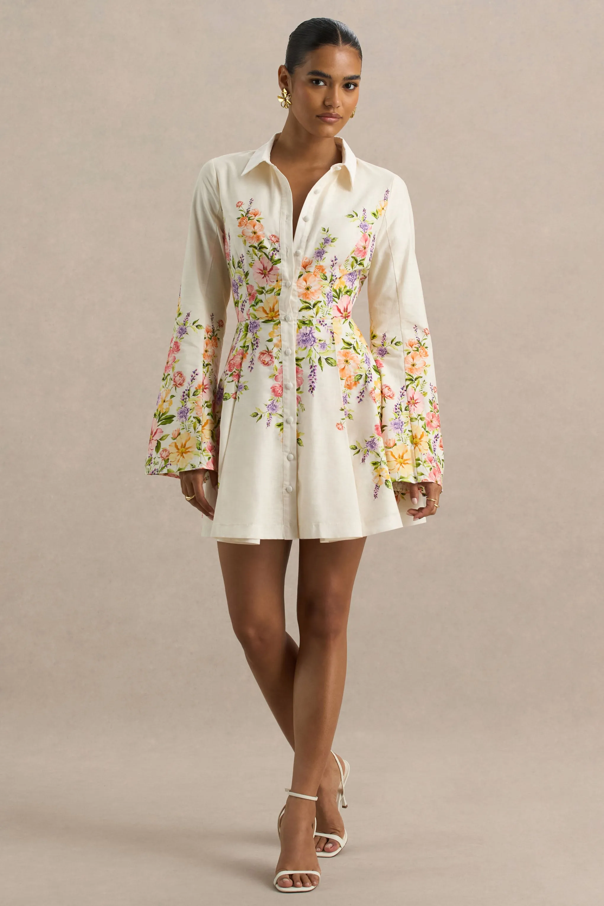 Alma | White Floral Border Print Shirt Mini Dress With Fluted Sleeves sold by Club L London product image thumbnail 3