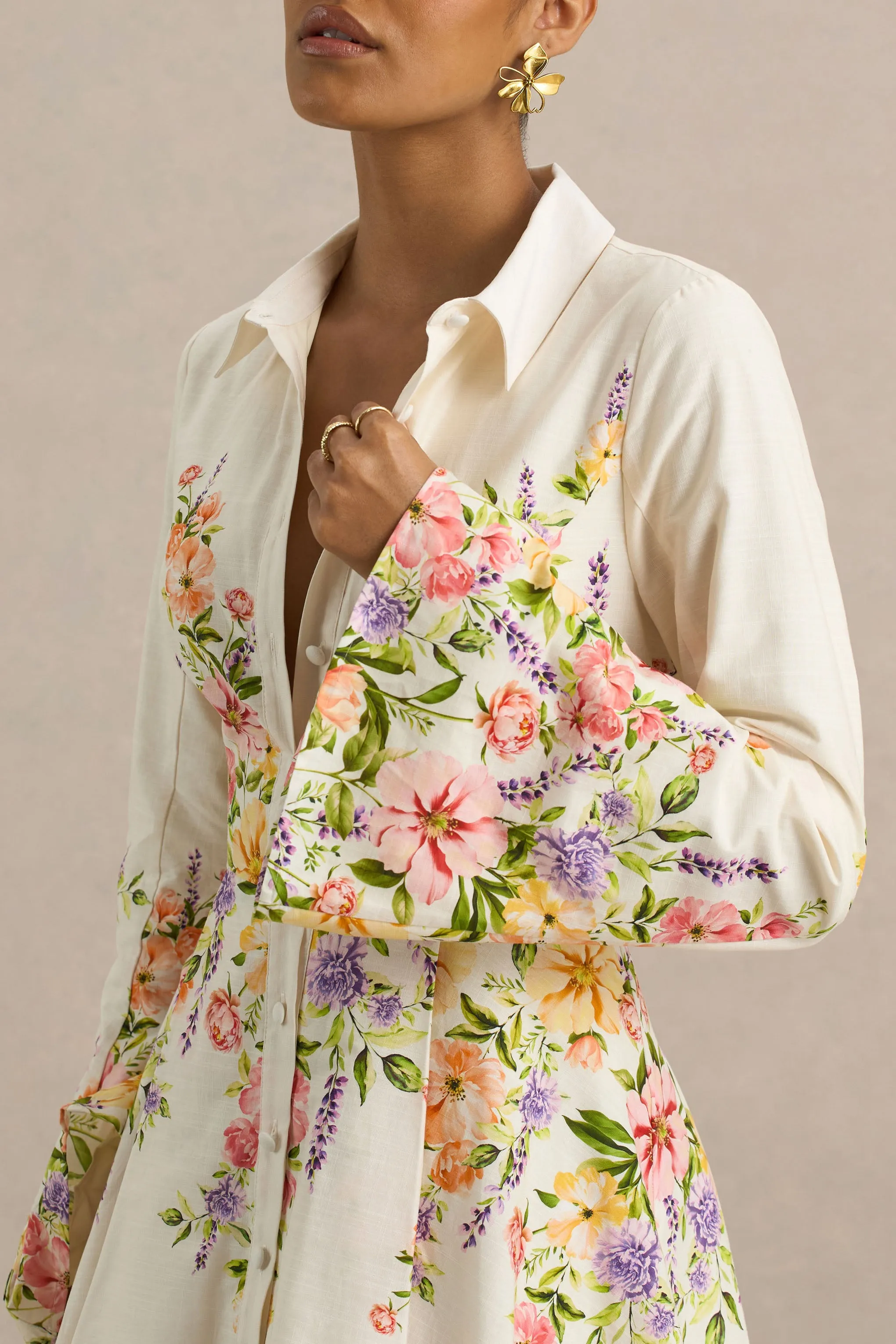 Alma | White Floral Border Print Shirt Mini Dress With Fluted Sleeves sold by Club L London product image thumbnail 5