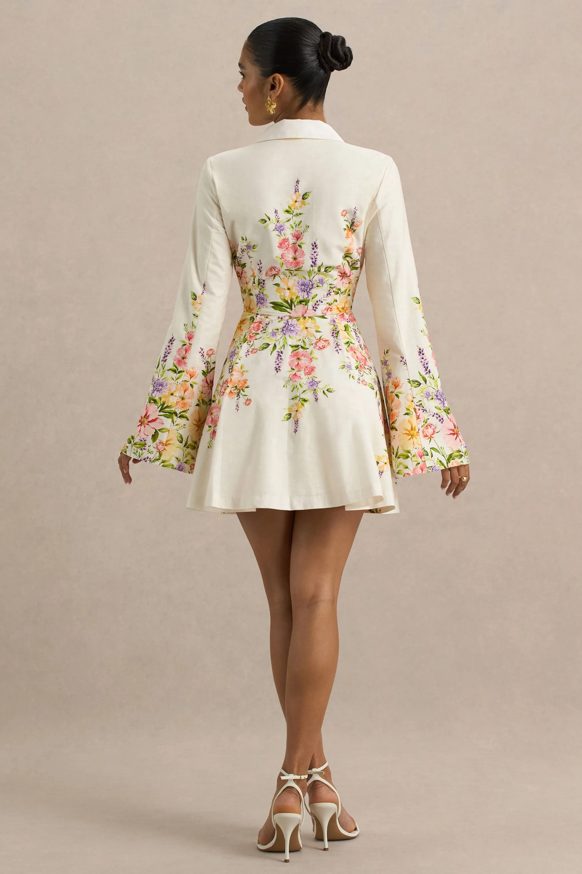 Alma | White Floral Border Print Shirt Mini Dress With Fluted Sleeves sold by Club L London product image thumbnail 2