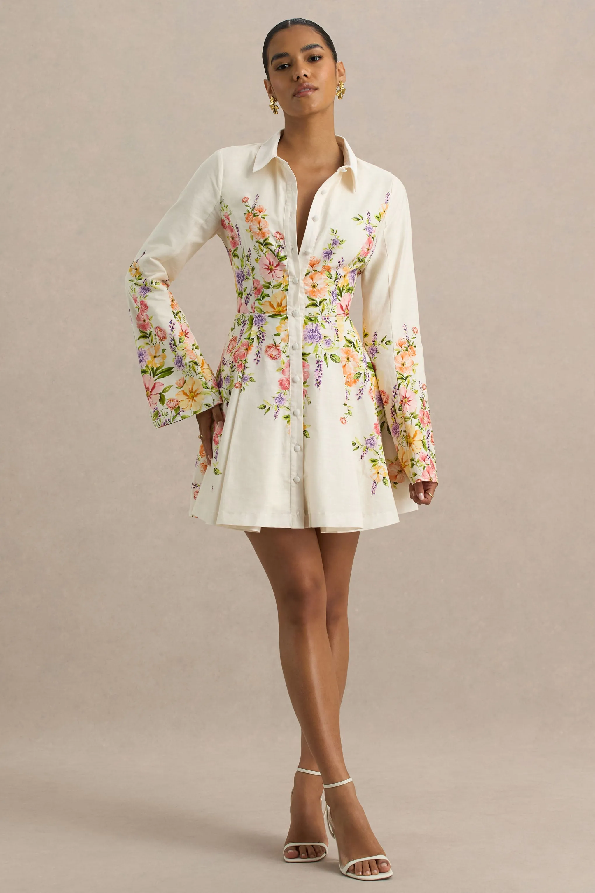 Alma | White Floral Border Print Shirt Mini Dress With Fluted Sleeves sold by Club L London product image thumbnail 4