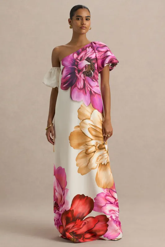 Anastasia | Large Multi-Floral Print Asymmetric-Neck Maxi Dress sold by Club L London