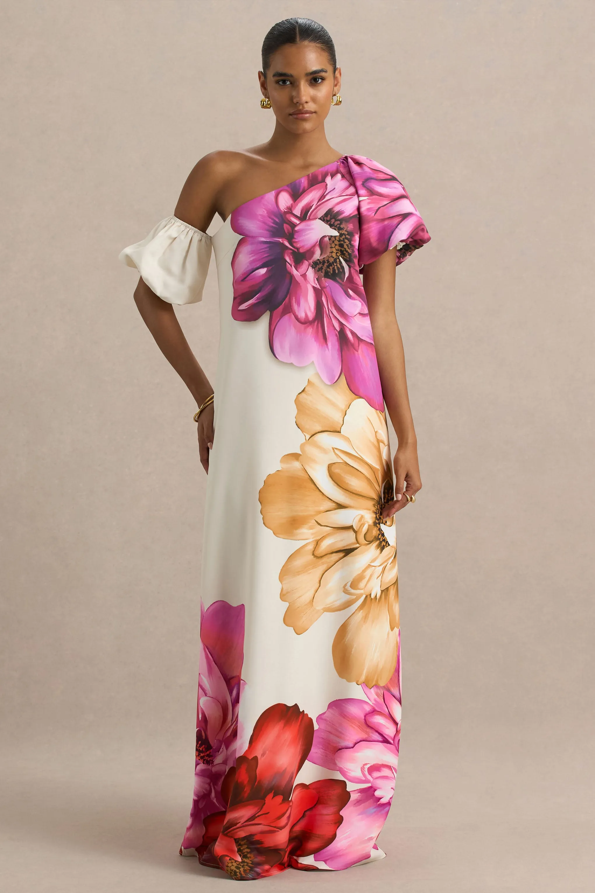 Anastasia | Large Multi-Floral Print Asymmetric-Neck Maxi Dress sold by Club L London product image thumbnail 3