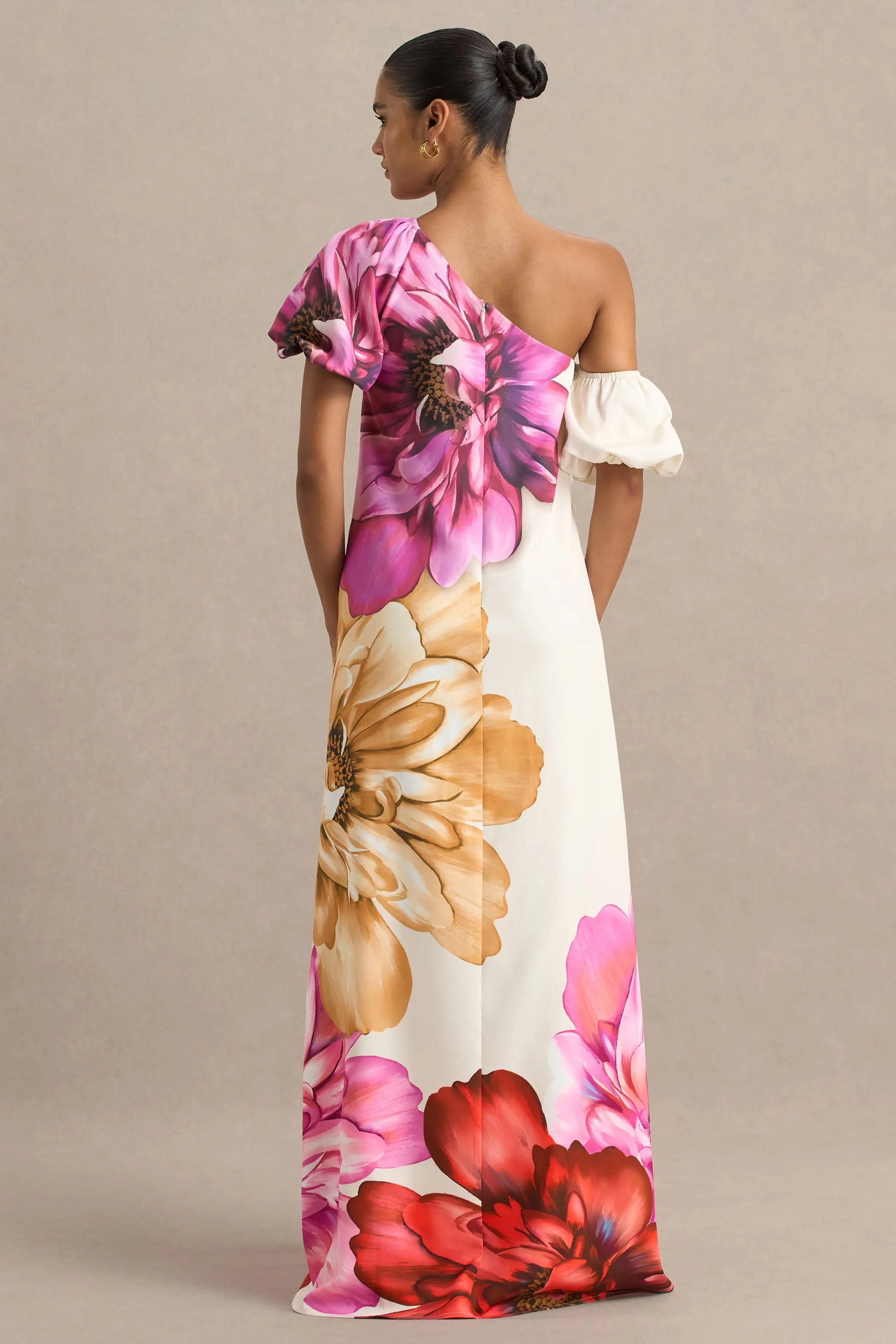 Anastasia | Large Multi-Floral Print Asymmetric-Neck Maxi Dress sold by Club L London product image thumbnail 2