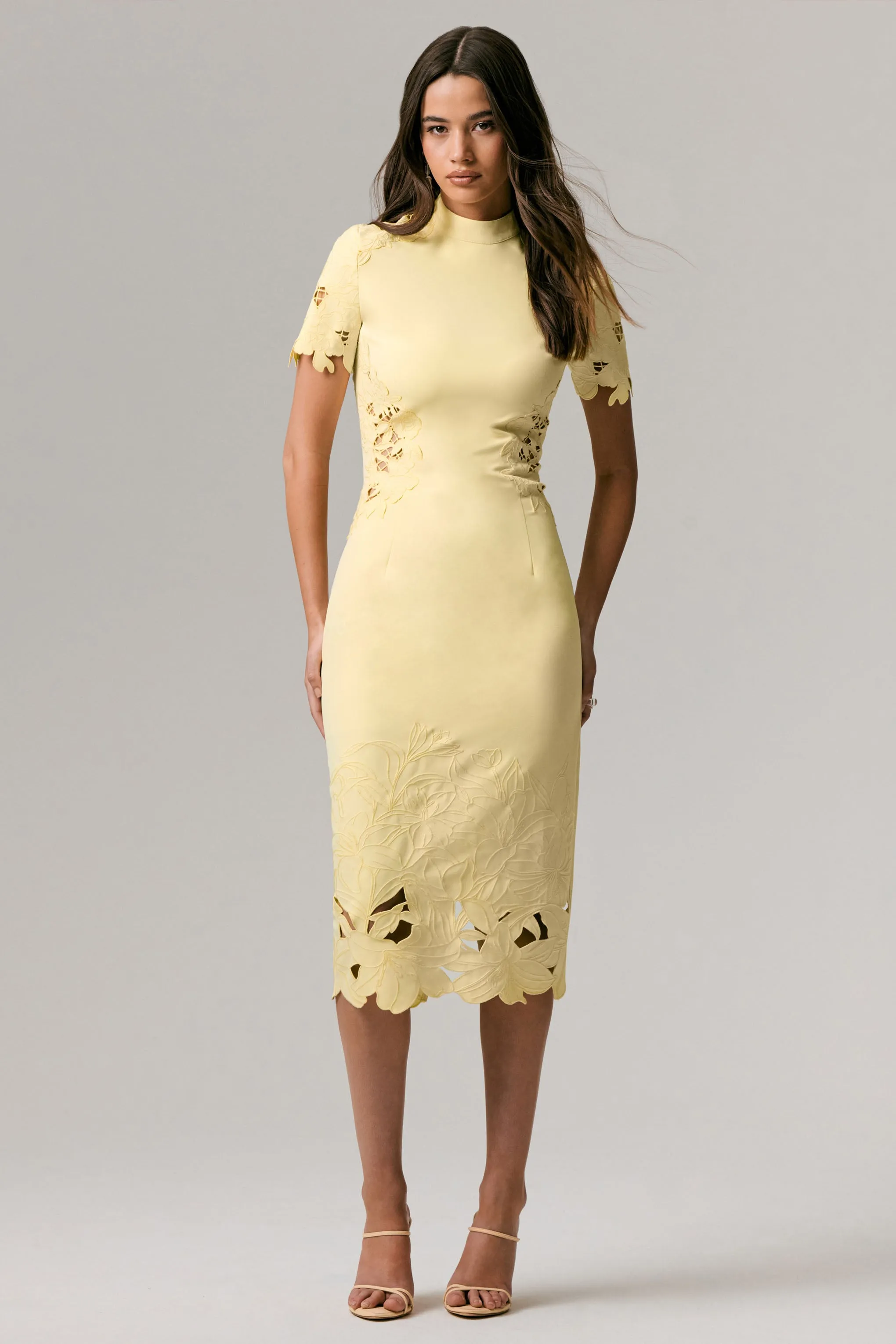 Guest List | Lemon High-Neck Midi Dress With Cut-Out Crochet Detailing sold by Club L London product image thumbnail 3