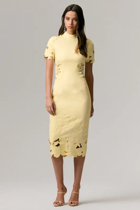 Guest List | Lemon High-Neck Midi Dress With Cut-Out Crochet Detailing sold by Club L London