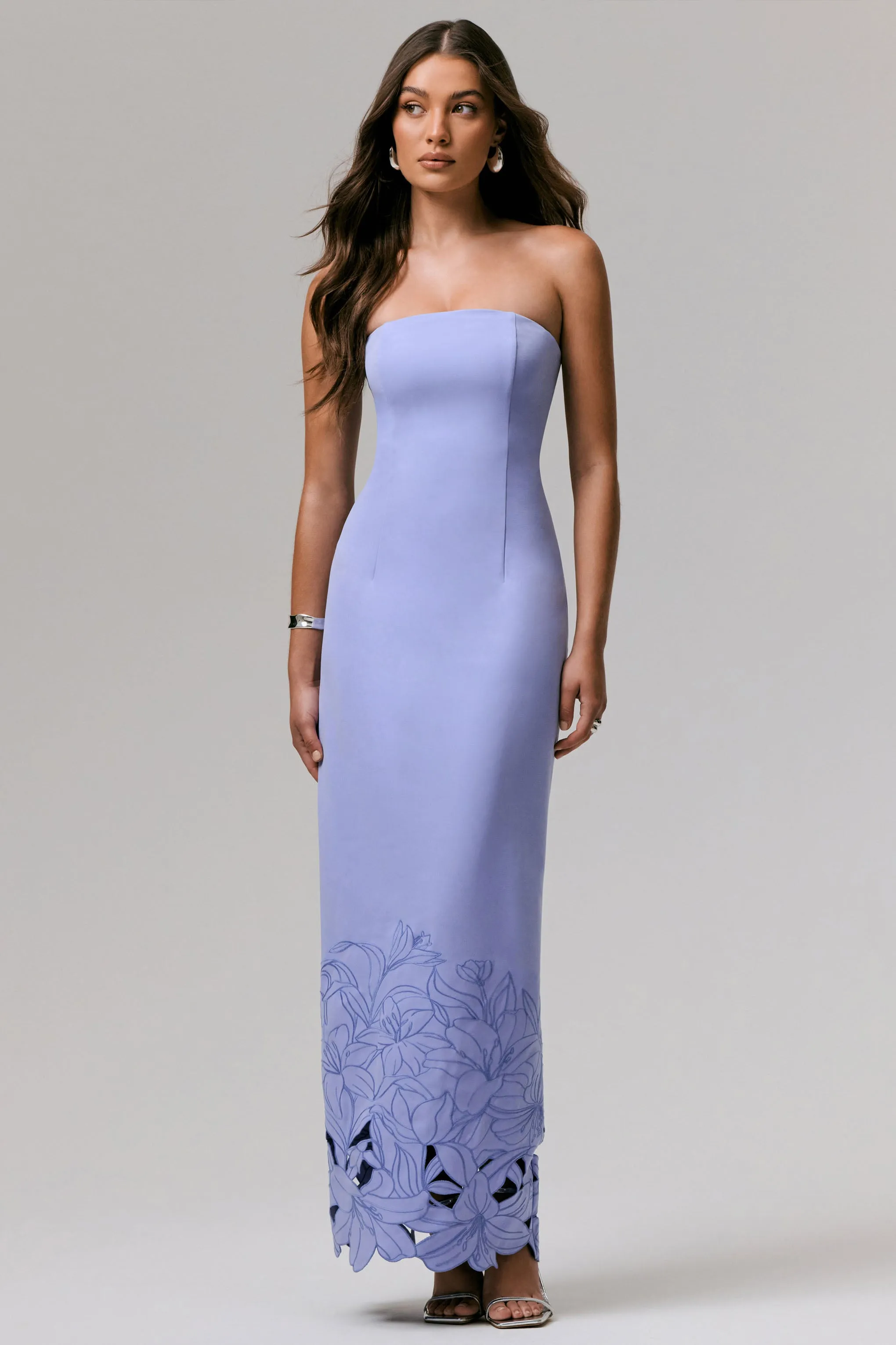 Samara | Purple Bandeau Maxi Dress With Cut-Out Crochet Hem sold by Club L London product image thumbnail 3