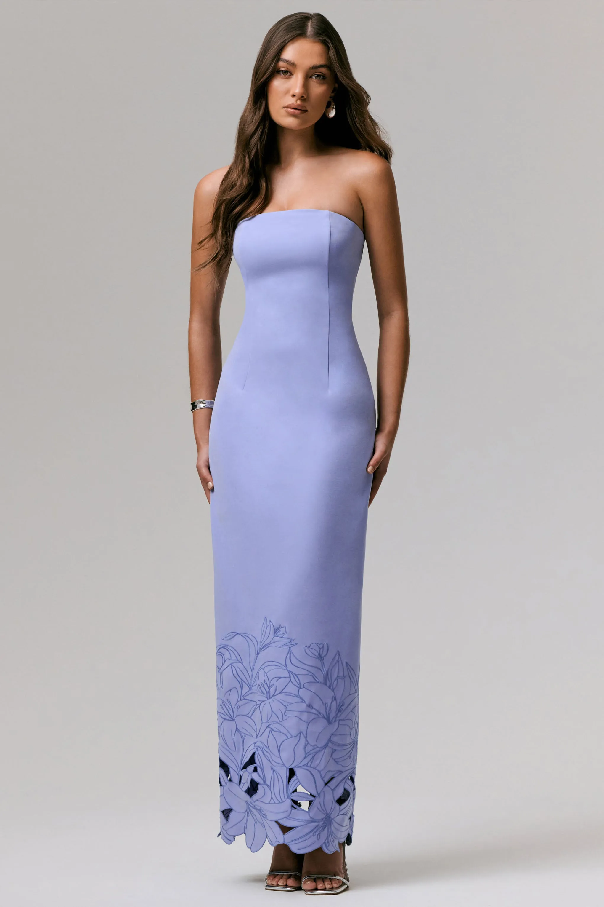 Samara | Purple Bandeau Maxi Dress With Cut-Out Crochet Hem sold by Club L London