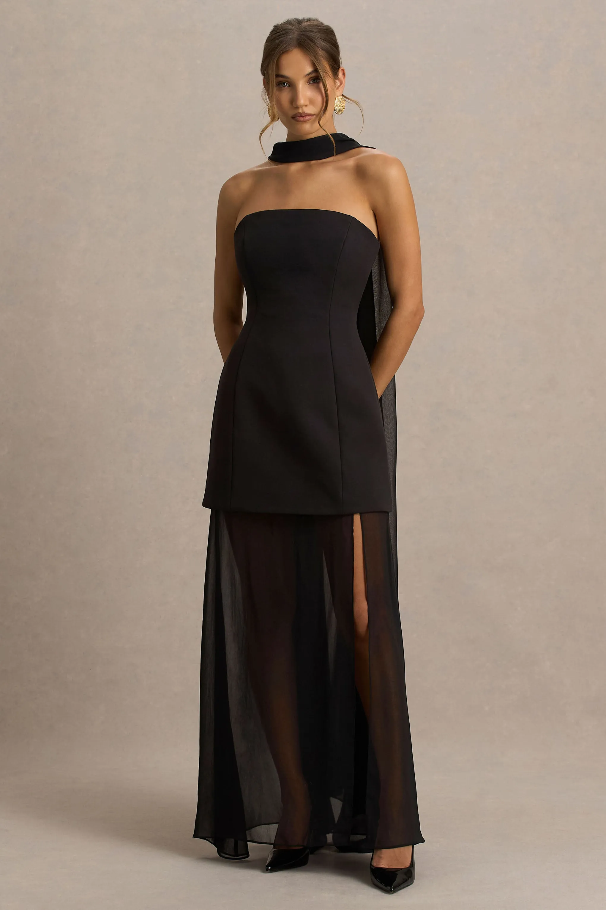 Chessa | Black High-Neck Maxi Dress With Sheer Cape sold by Club L London product image thumbnail 4