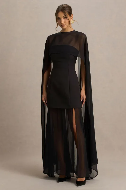 Chessa | Black High-Neck Maxi Dress With Sheer Cape sold by Club L London