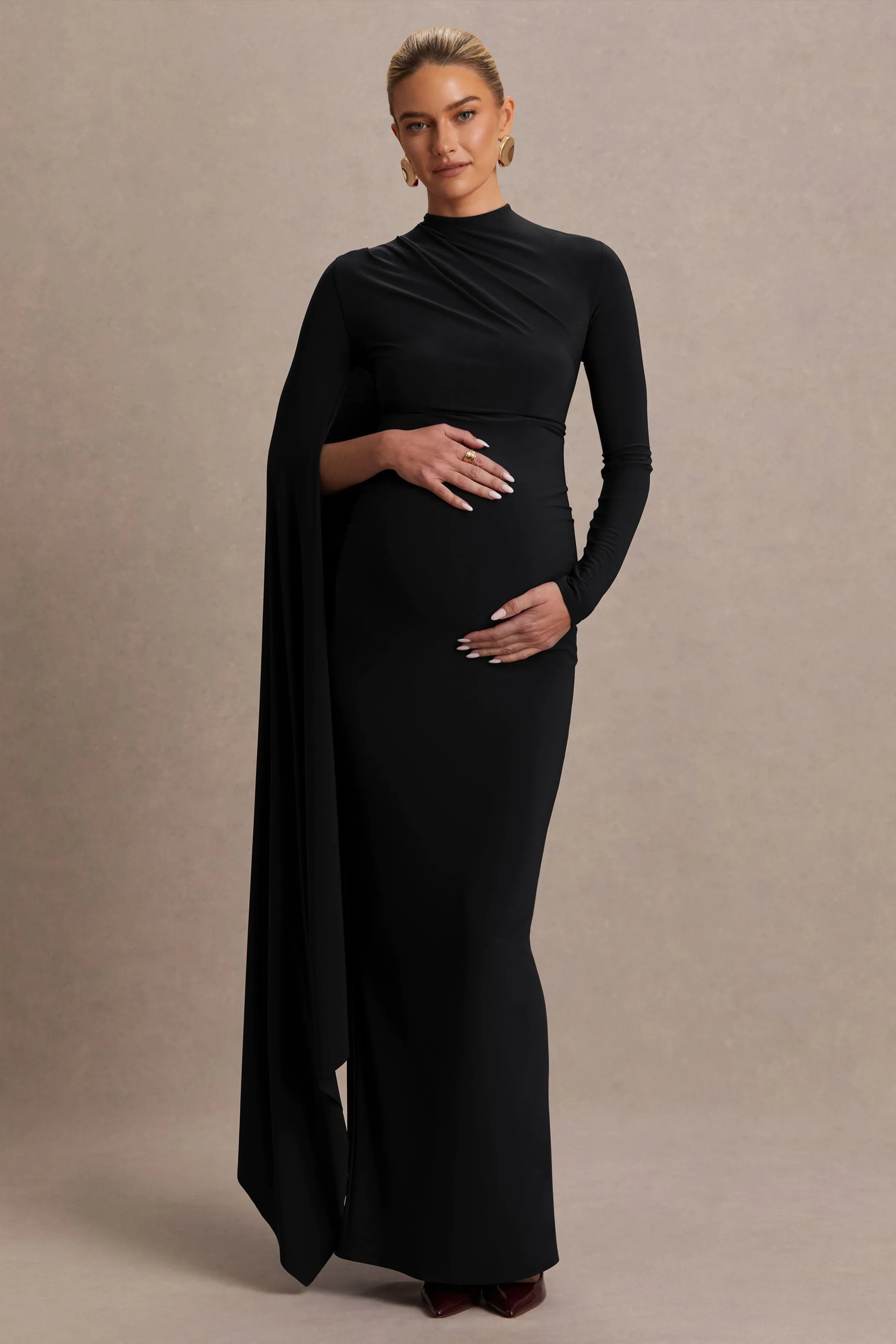 Lavinia | Black High-Neck Maternity Maxi Dress With Cape-Sleeve sold by Club L London product image thumbnail 4