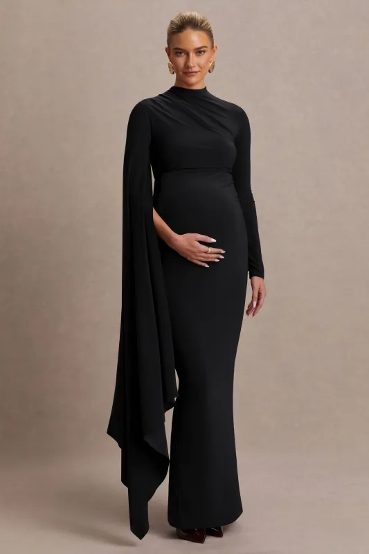 Lavinia | Black High-Neck Maternity Maxi Dress With Cape-Sleeve sold by Club L London
