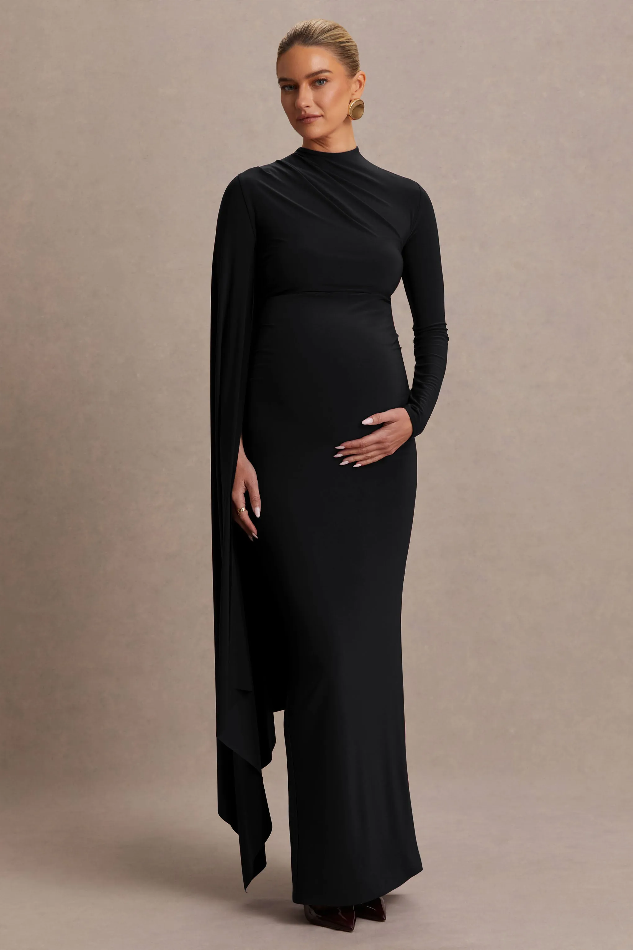 Lavinia | Black High-Neck Maternity Maxi Dress With Cape-Sleeve sold by Club L London product image thumbnail 5