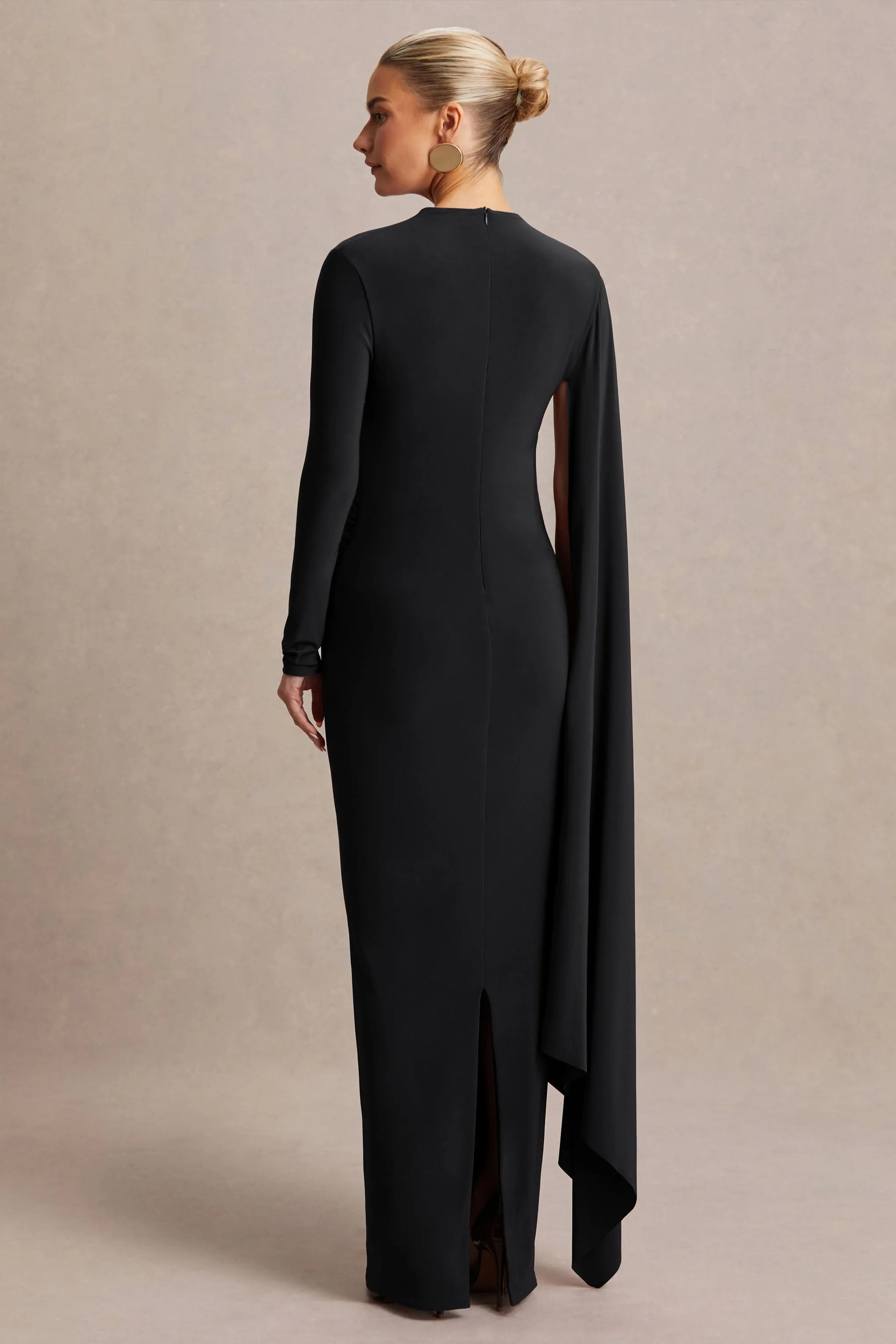 Lavinia | Black High-Neck Maternity Maxi Dress With Cape-Sleeve sold by Club L London product image thumbnail 2