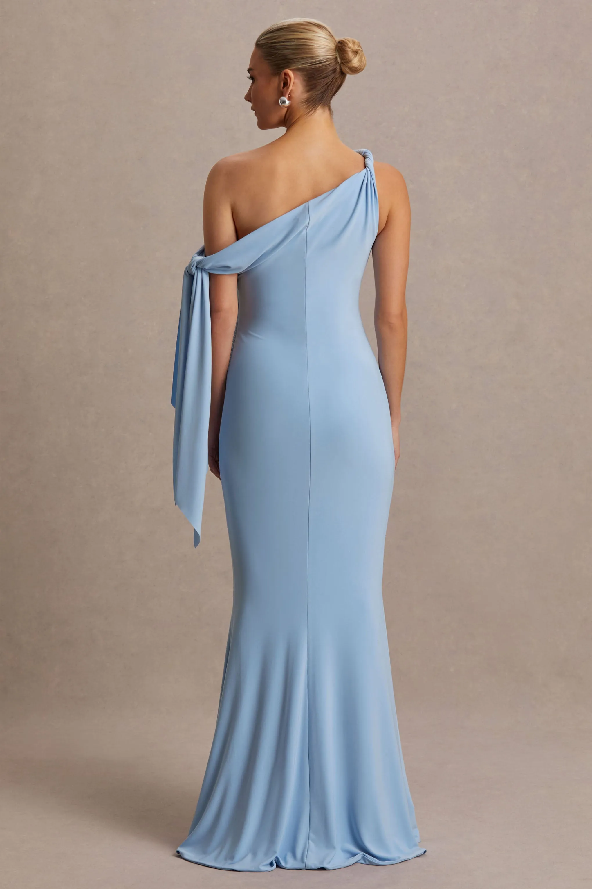 Orielle | Powder Blue Asymmetric-Neck Maternity Maxi Dress With Knot-Sleeve And Sash sold by Club L London product image thumbnail 2
