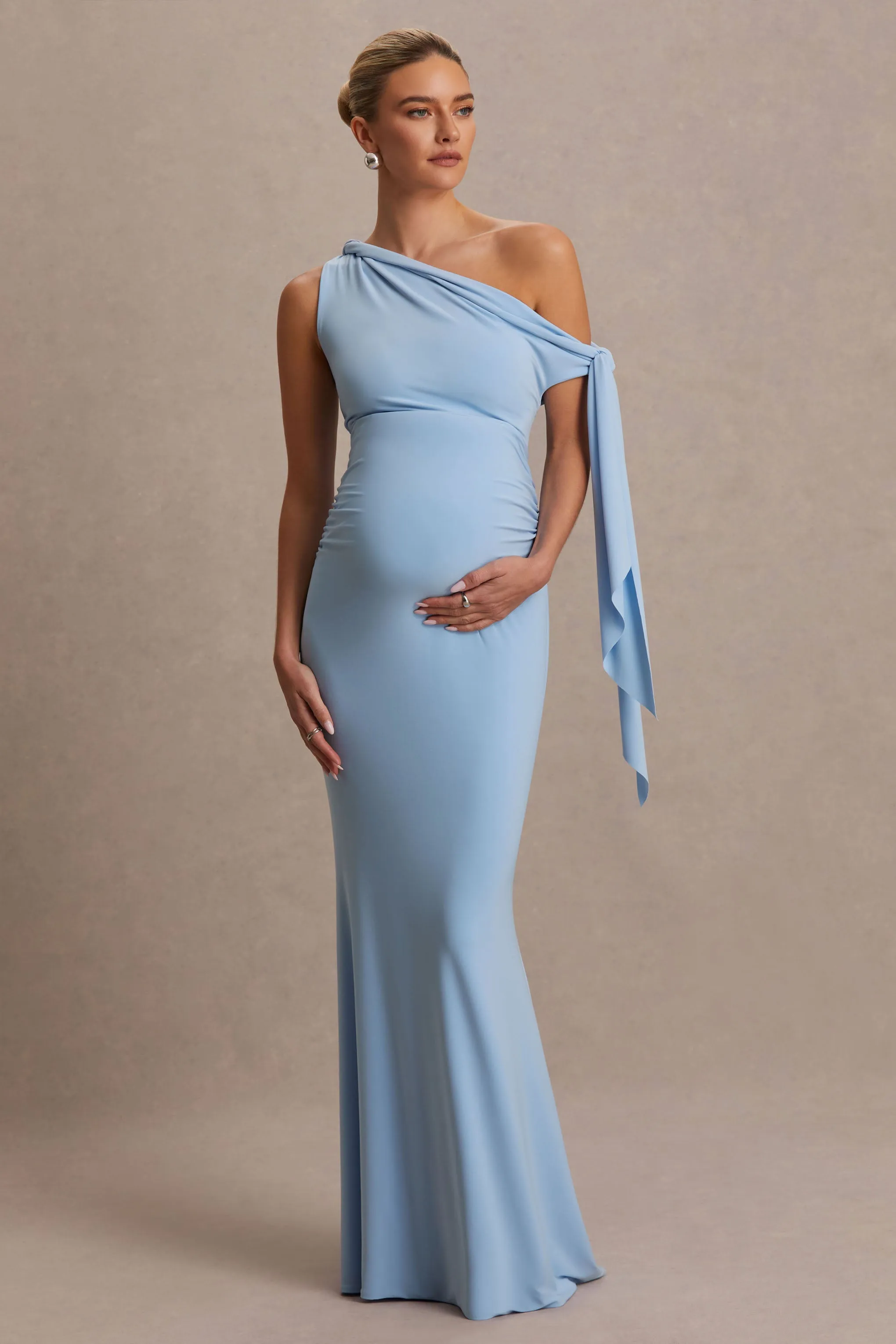 Orielle | Powder Blue Asymmetric-Neck Maternity Maxi Dress With Knot-Sleeve And Sash sold by Club L London product image thumbnail 4