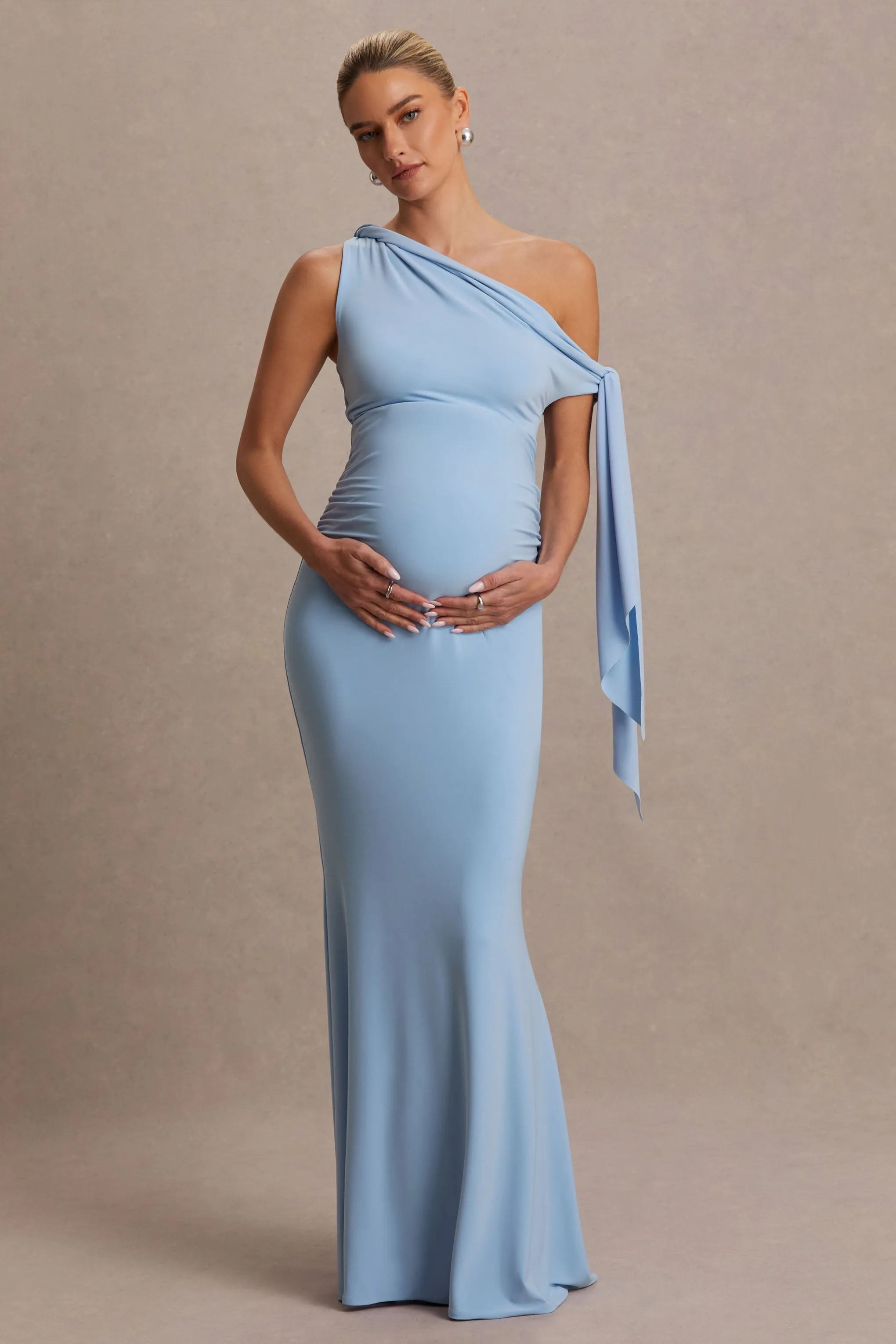 Orielle | Powder Blue Asymmetric-Neck Maternity Maxi Dress With Knot-Sleeve And Sash sold by Club L London