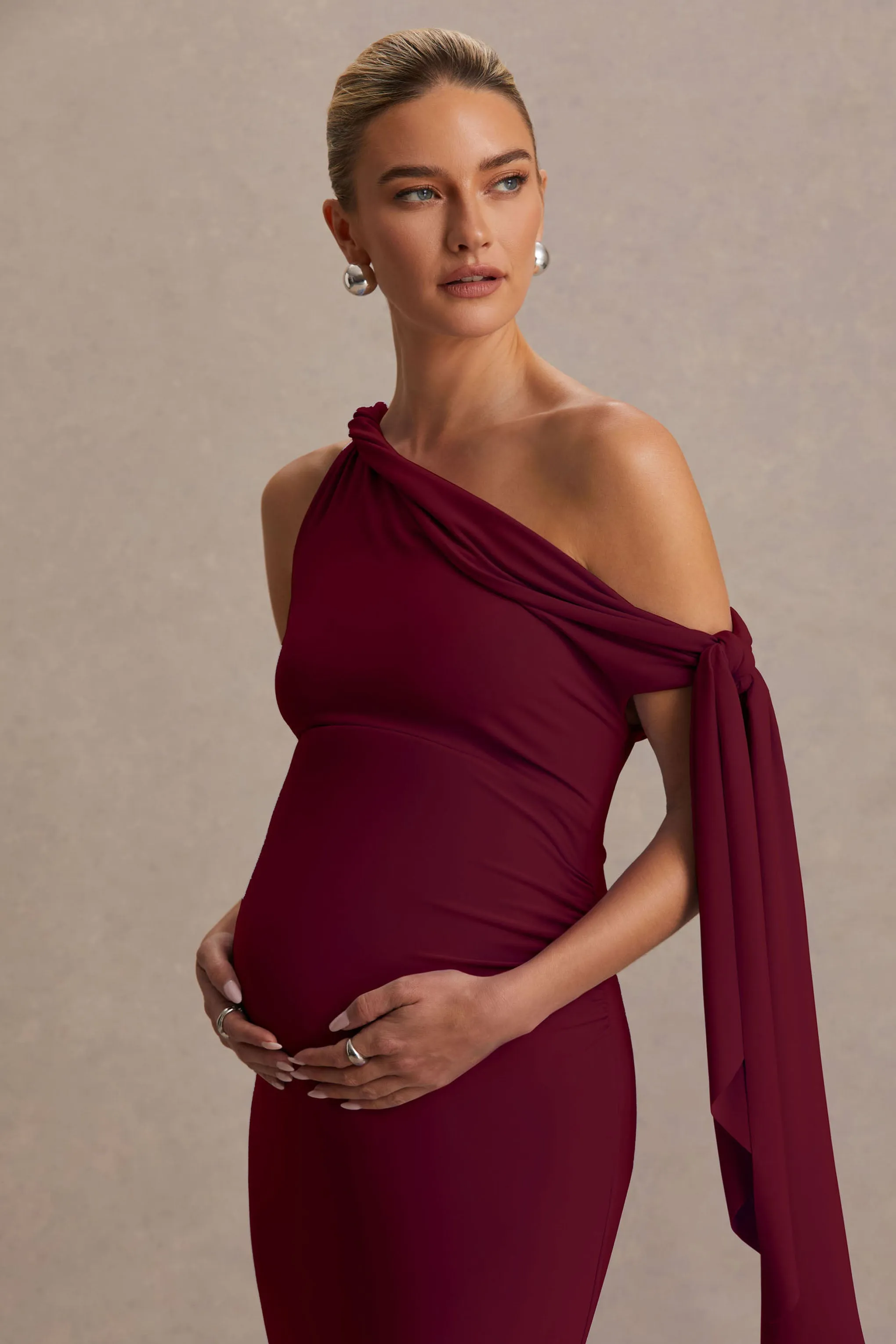 Orielle | Burgundy Asymmetric-Neck Maternity Maxi Dress With Knot-Sleeve And Sash sold by Club L London product image thumbnail 3