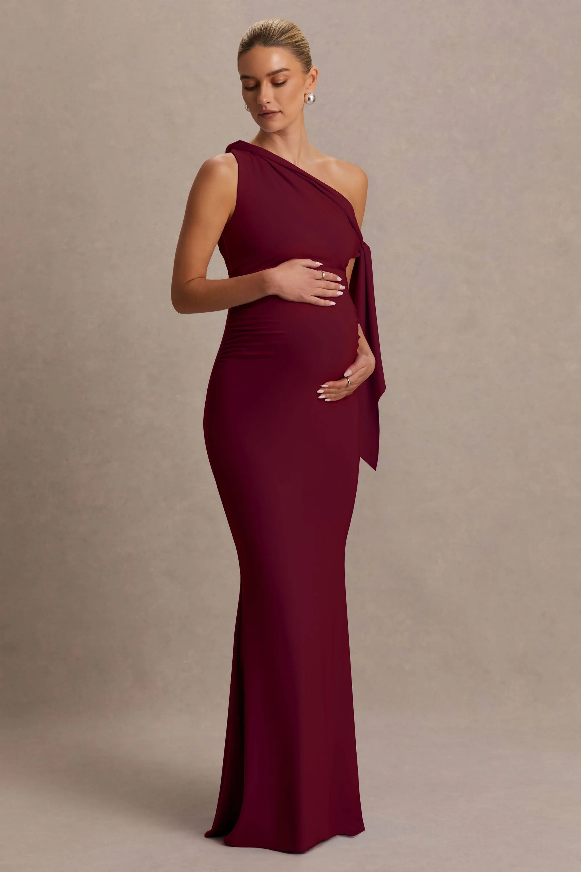 Orielle | Burgundy Asymmetric-Neck Maternity Maxi Dress With Knot-Sleeve And Sash sold by Club L London product image thumbnail 4
